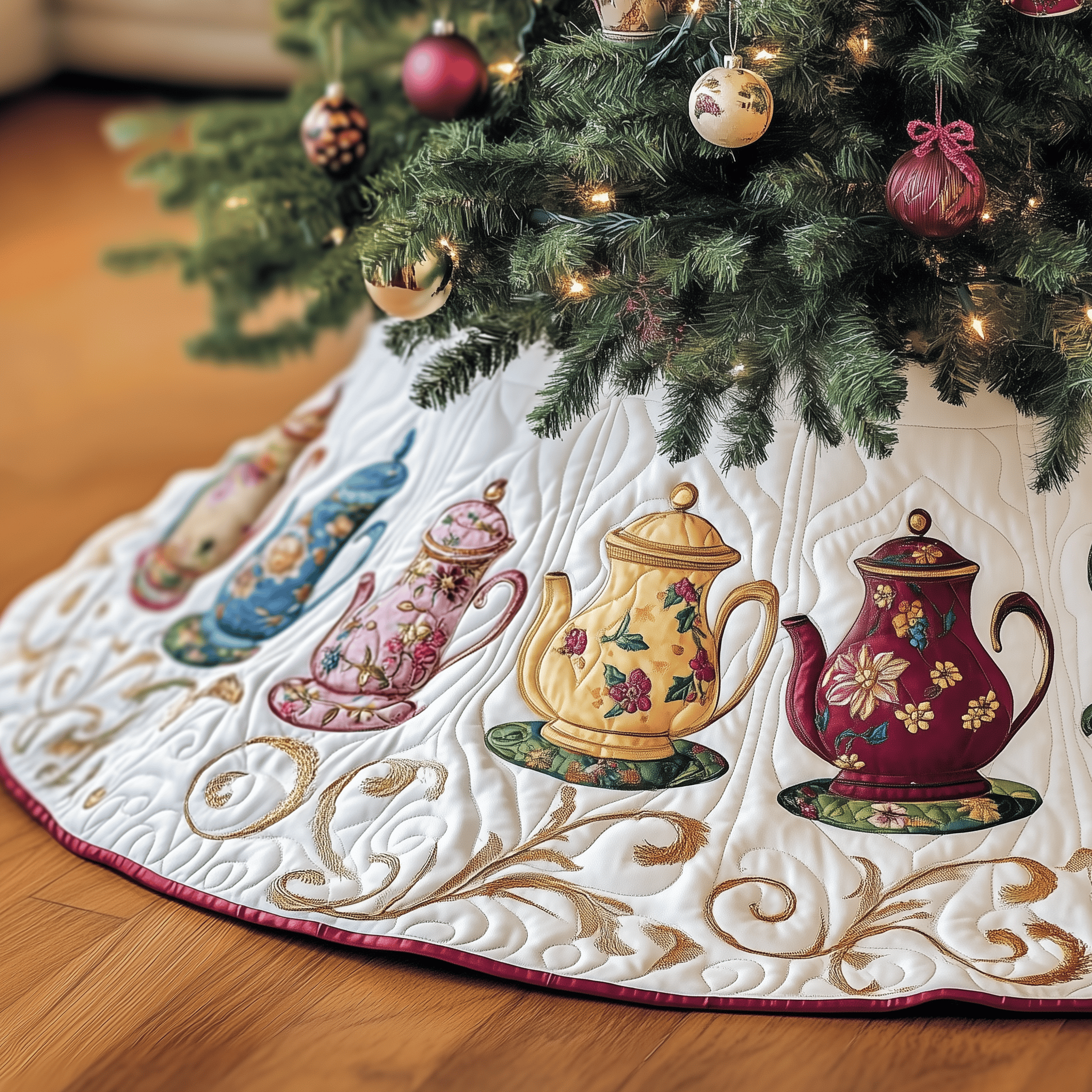 Festive Teapot Quilted Tree Skirt Feel the Love of the Season Under Your Christmas Tree Festive Teapot Quilted Tree Skirt Feel the Love of the Season Under Your Christmas Tree