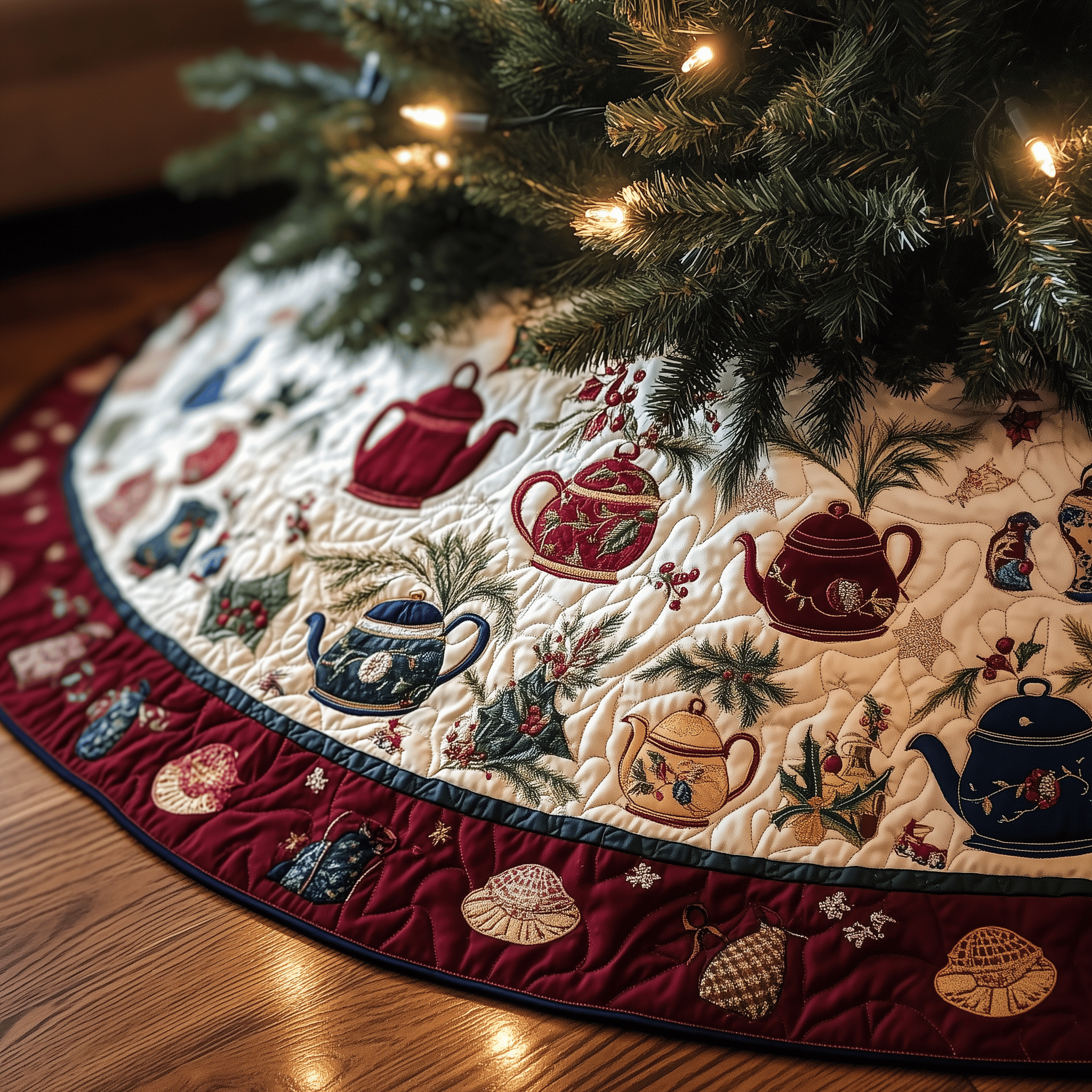 Festive Teapot Quilted Tree Skirt Feel the Magic of the Holidays Without Worry Festive Teapot Quilted Tree Skirt Feel the Magic of the Holidays Without Worry