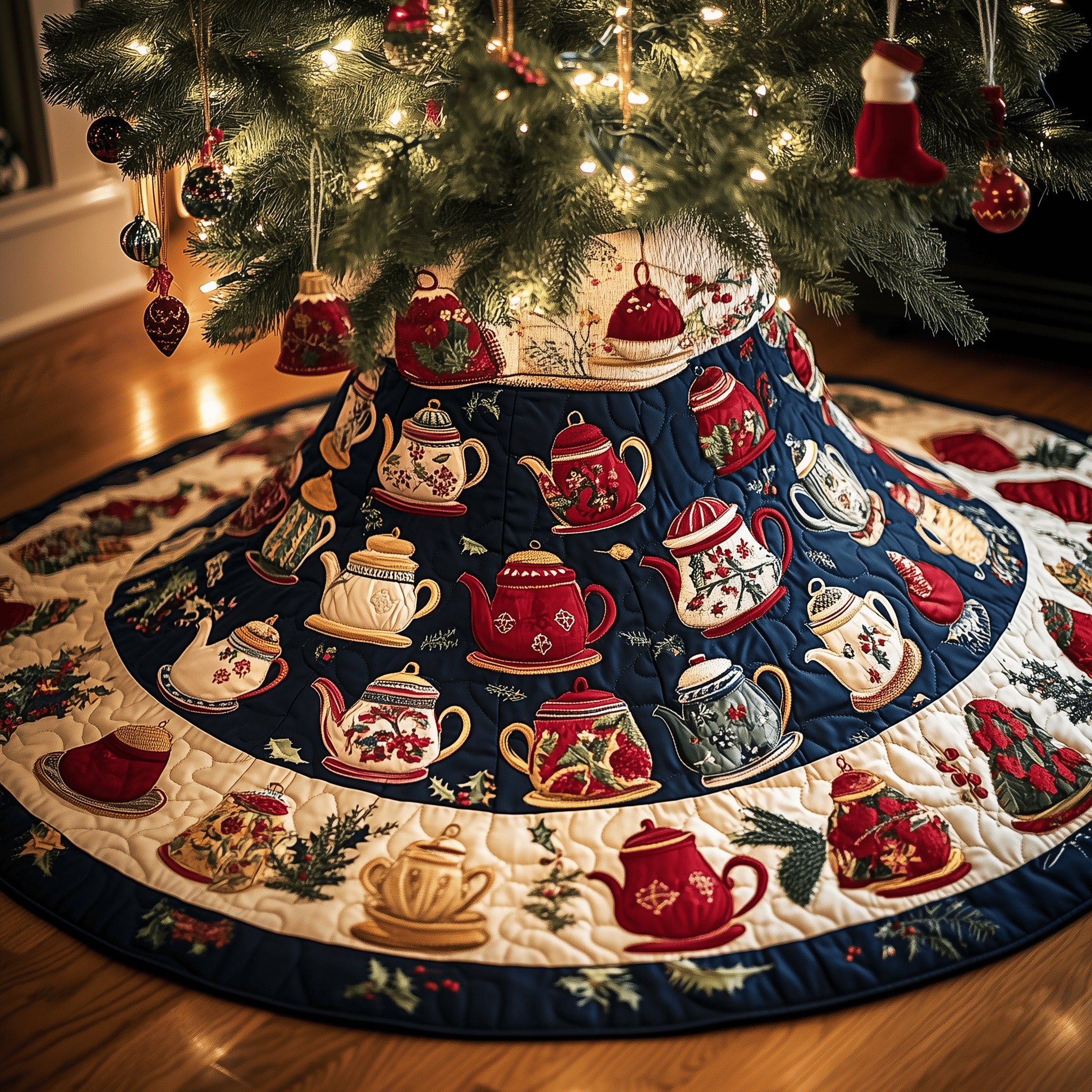 Festive Teapot Quilted Tree Skirt Make Christmas Simple and Stylish with Protective Decor Festive Teapot Quilted Tree Skirt Make Christmas Simple and Stylish with Protective Decor