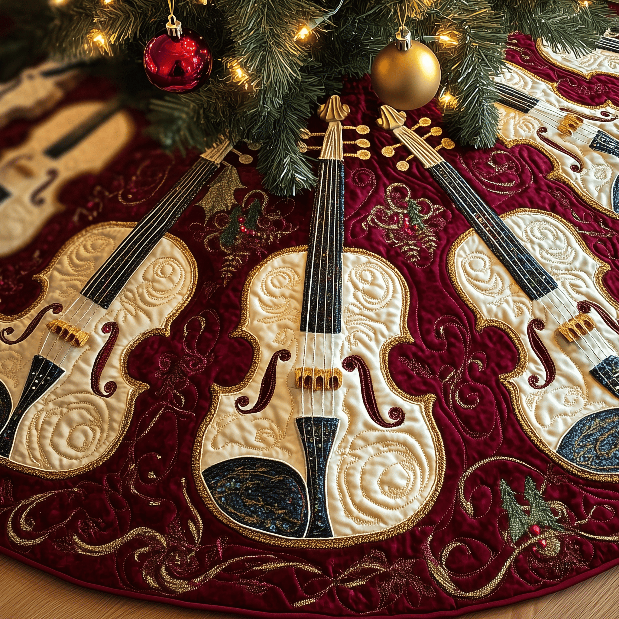Festive Violins Quilted Tree Skirt Celebrate the Holidays Fully Protected with a Durable Skirt Festive Violins Quilted Tree Skirt Celebrate the Holidays Fully Protected with a Durable Skirt