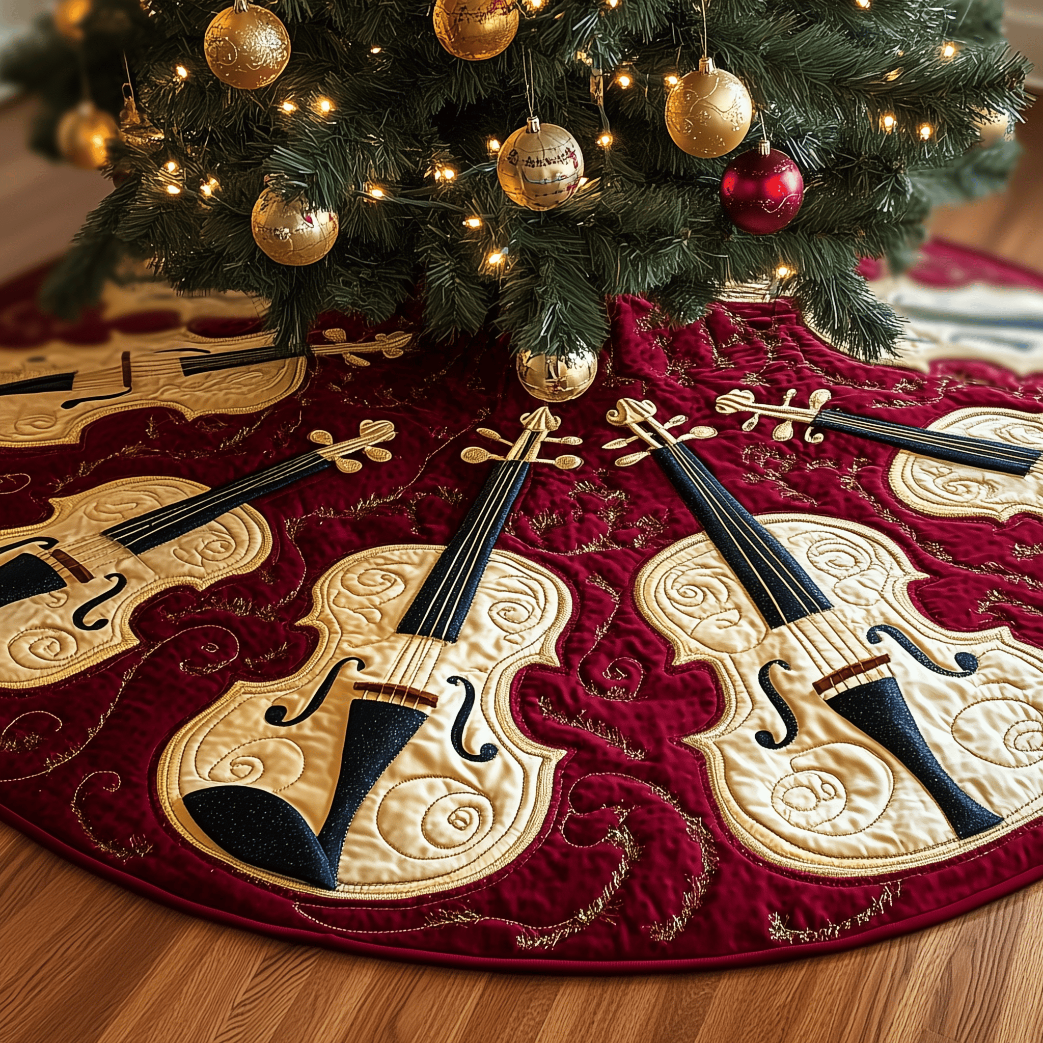 Festive Violins Quilted Tree Skirt Feel Inspired This Christmas with a Beautiful Tree Skirt Festive Violins Quilted Tree Skirt Feel Inspired This Christmas with a Beautiful Tree Skirt