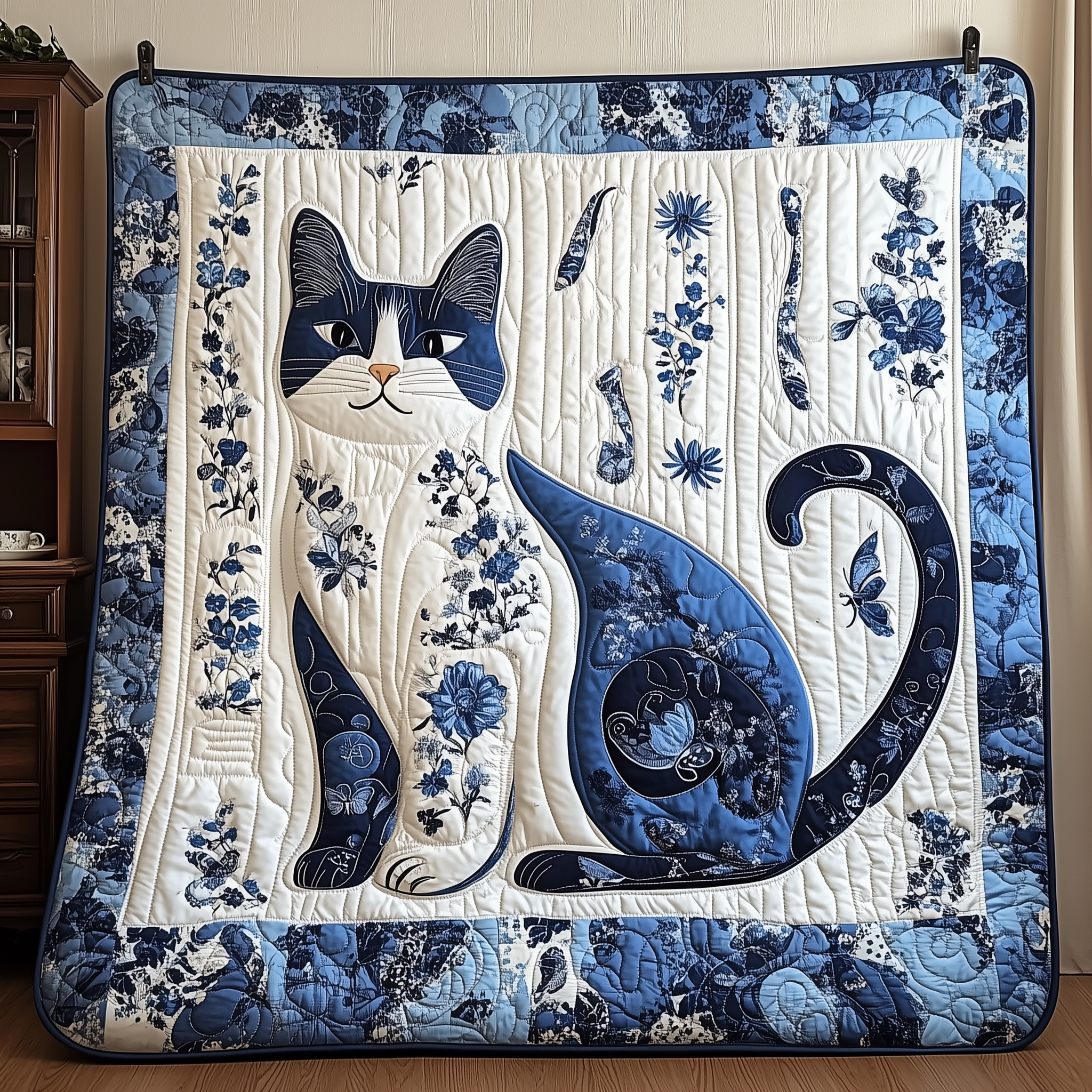 Floral Blue Cat Quilted Blanket Sofa Throw Blanket Items Creative Mother's Day Gifts Floral Blue Cat Quilted Blanket Sofa Throw Blanket Items Creative Mother's Day Gifts