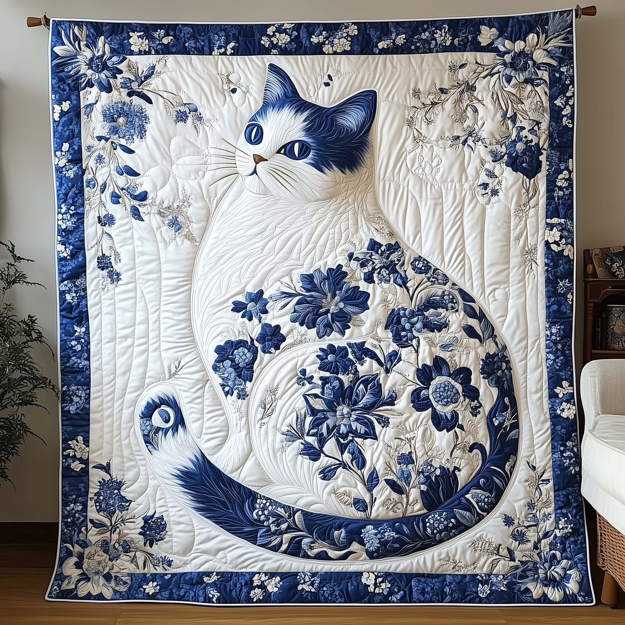 Floral Blue Cat Quilted Blanket Sofa Throw Blanket Items Mother's Day Gifts For Grandma Floral Blue Cat Quilted Blanket Sofa Throw Blanket Items Mother's Day Gifts For Grandma