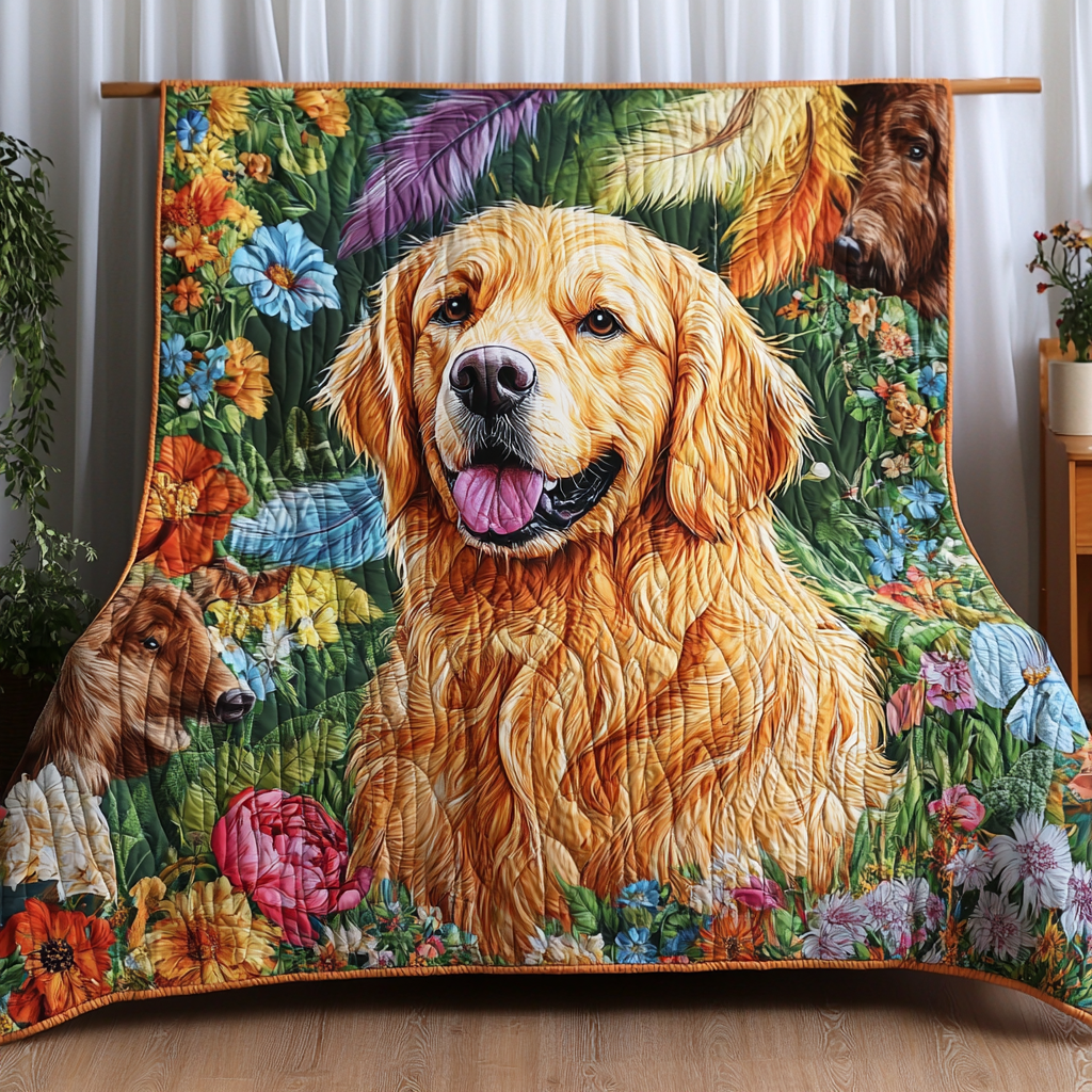 Floral Golden Retriever Quilted Blanket Feel the Bond of Home with Our Family-Friendly Blanket Floral Golden Retriever Quilted Blanket Feel the Bond of Home with Our Family-Friendly Blanket