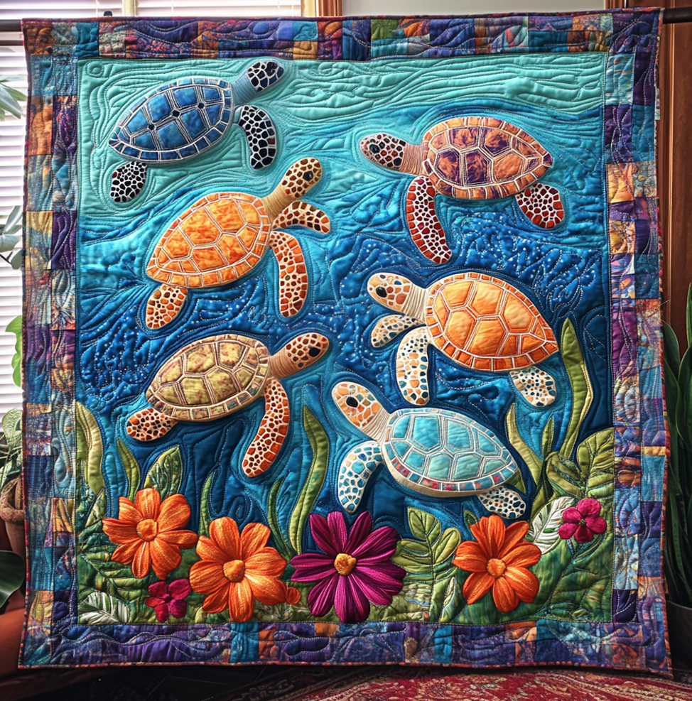 Floral Turtle Quilted Blanket Gift For Turtle Lover Floral Turtle Quilted Blanket Gift For Turtle Lover