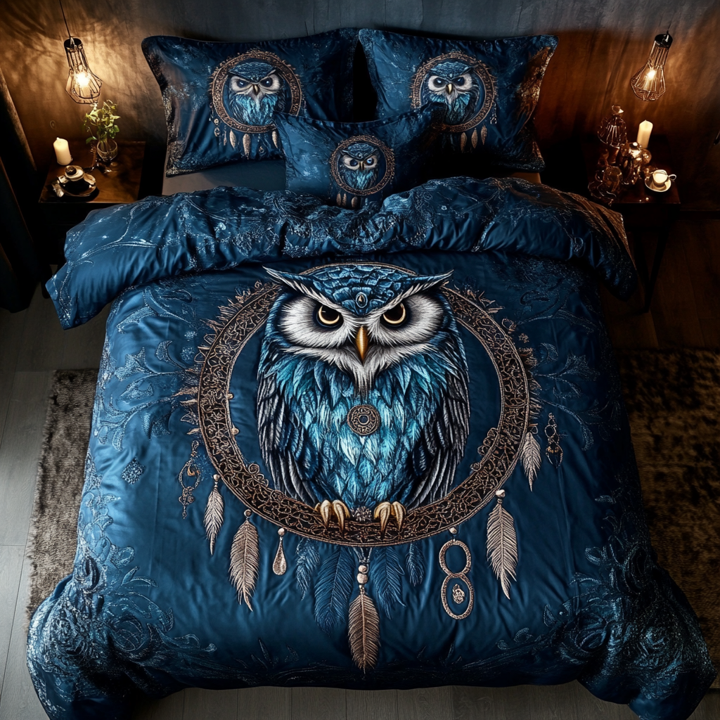 Forest Sentinel Quilted Bedding Set Gift For Owl Lover Forest Sentinel Quilted Bedding Set Gift For Owl Lover