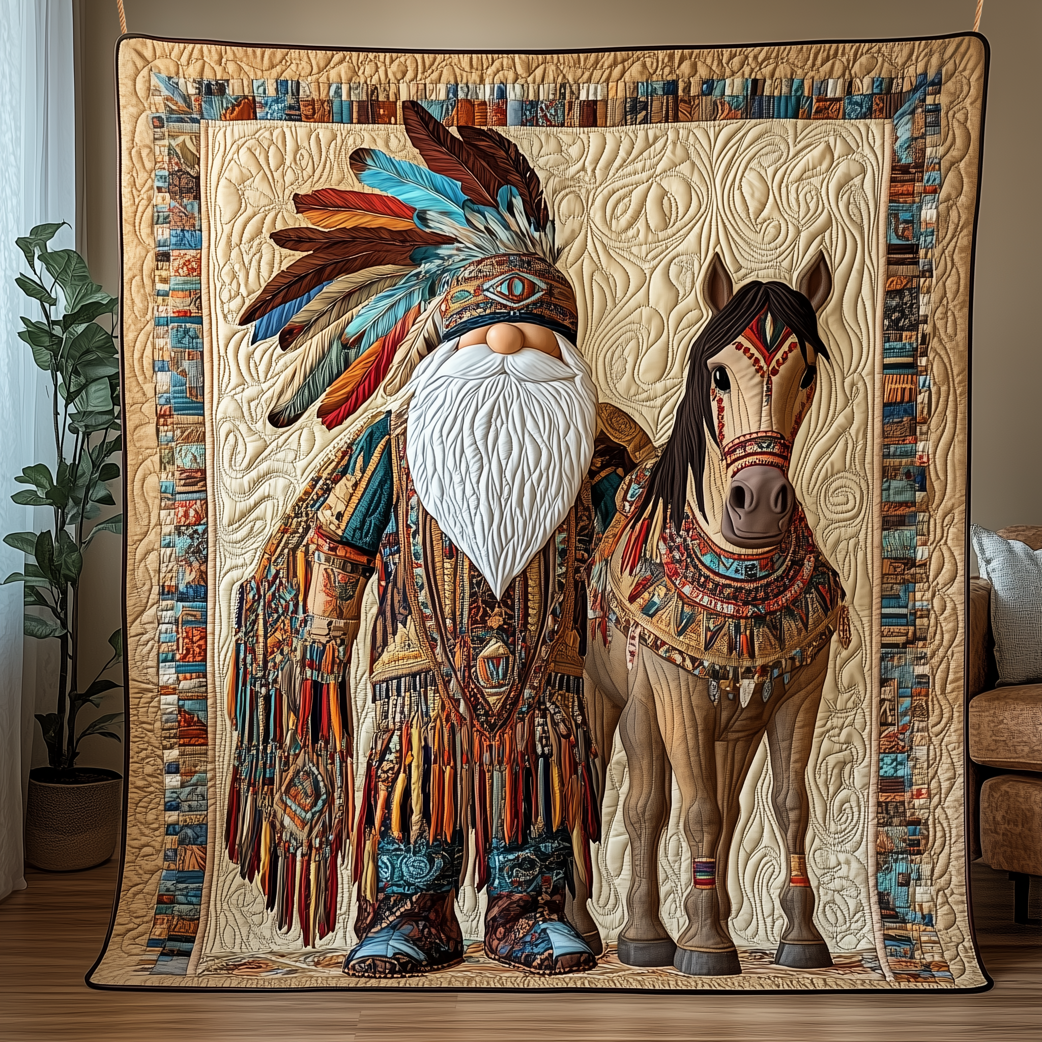 Gnome in Feathers Quilted Blanket Unique Throw Blanket Item Merch Native American Gifts For Her Gnome in Feathers Quilted Blanket Unique Throw Blanket Item Merch Native American Gifts For Her