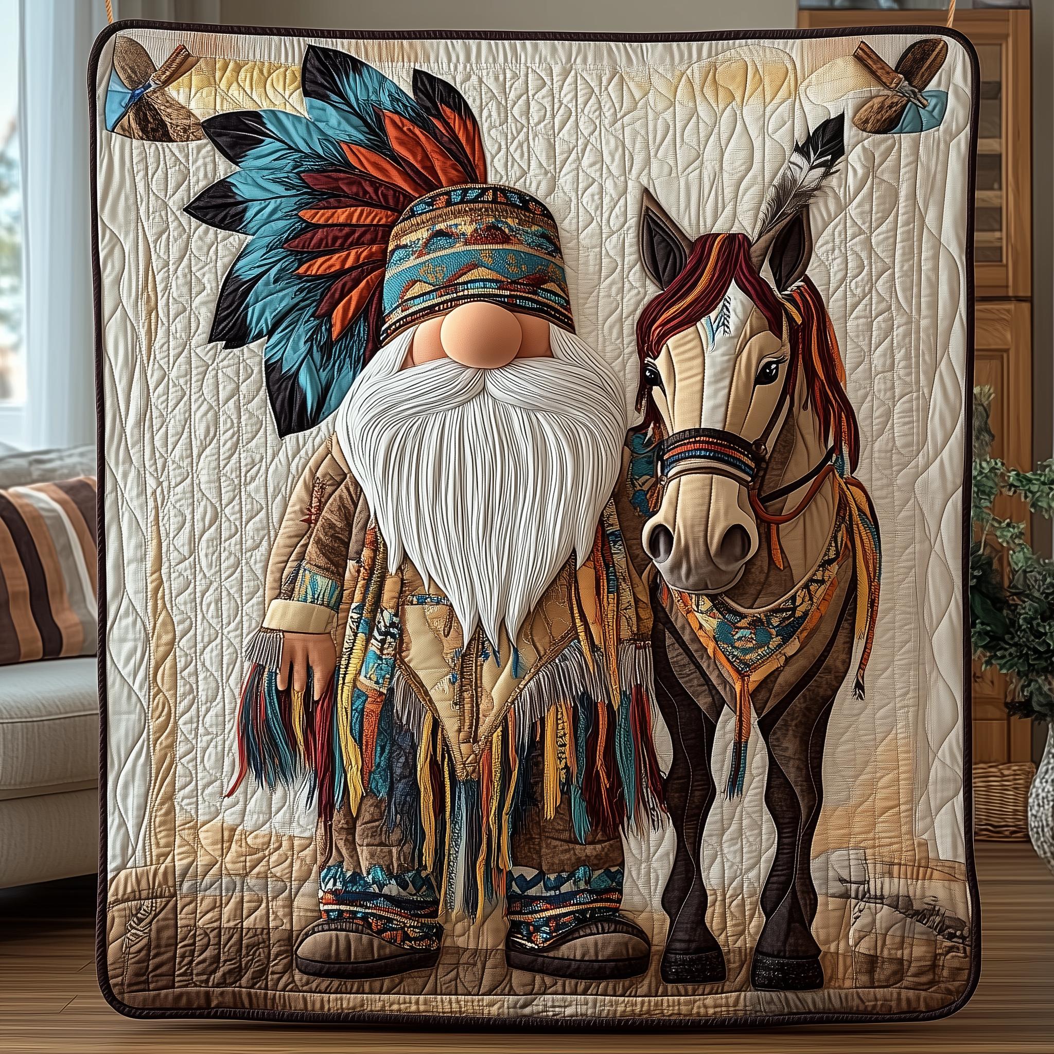 Gnome in Feathers Quilted Blanket Unique Throw Blanket Item Merch Native American Gifts Online Gnome in Feathers Quilted Blanket Unique Throw Blanket Item Merch Native American Gifts Online