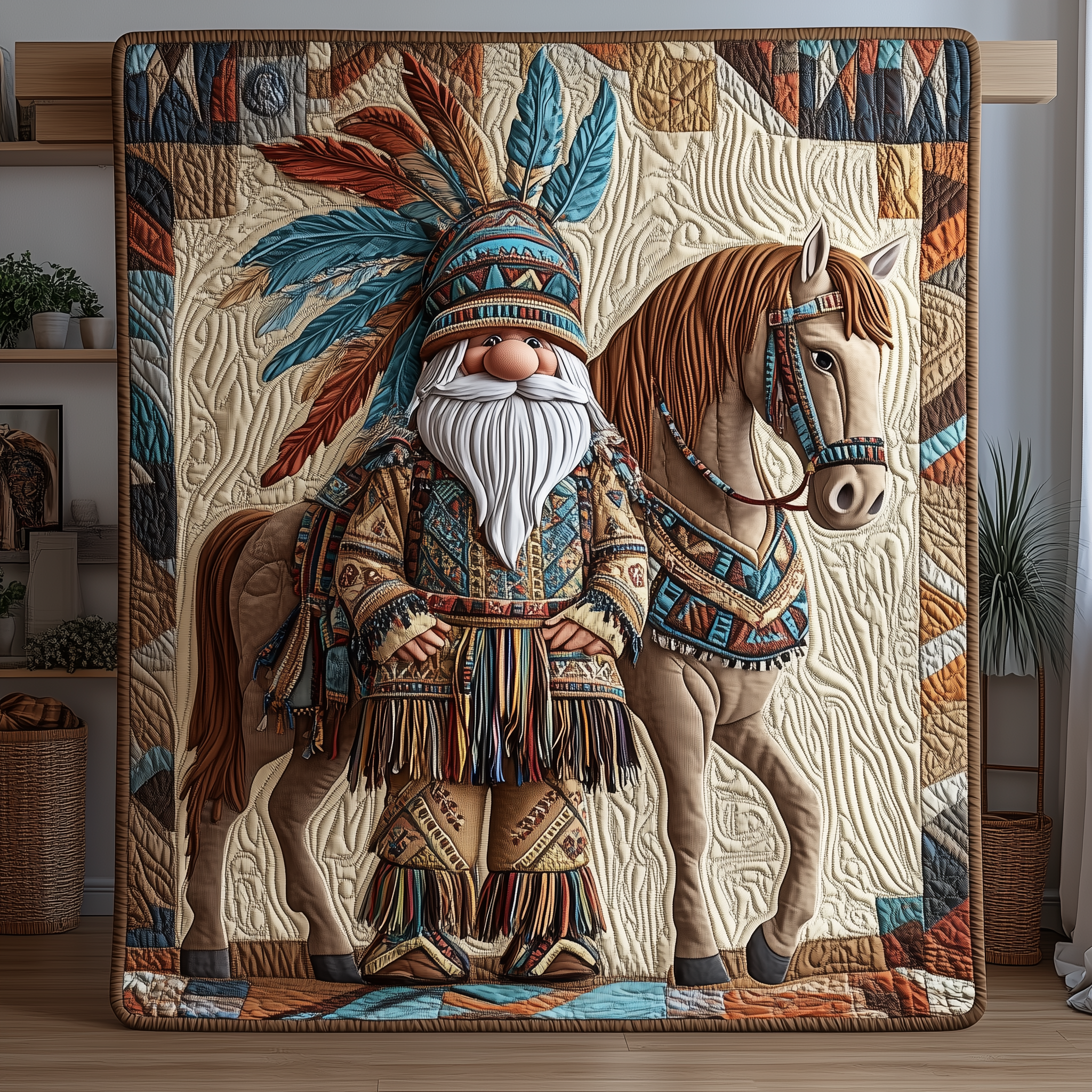 Gnome in Feathers Quilted Blanket Unique Throw Blanket Item Merch Native American Mother'S Day Gifts Gnome in Feathers Quilted Blanket Unique Throw Blanket Item Merch Native American Mother'S Day Gifts