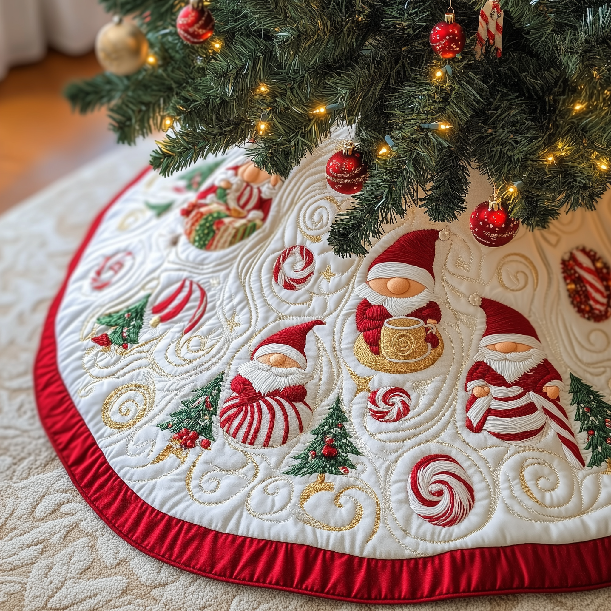 Gnomes Candy Cup Quilted Tree Skirt Celebrate the Season Safely with a Durable Tree Skirt Gnomes Candy Cup Quilted Tree Skirt Celebrate the Season Safely with a Durable Tree Skirt