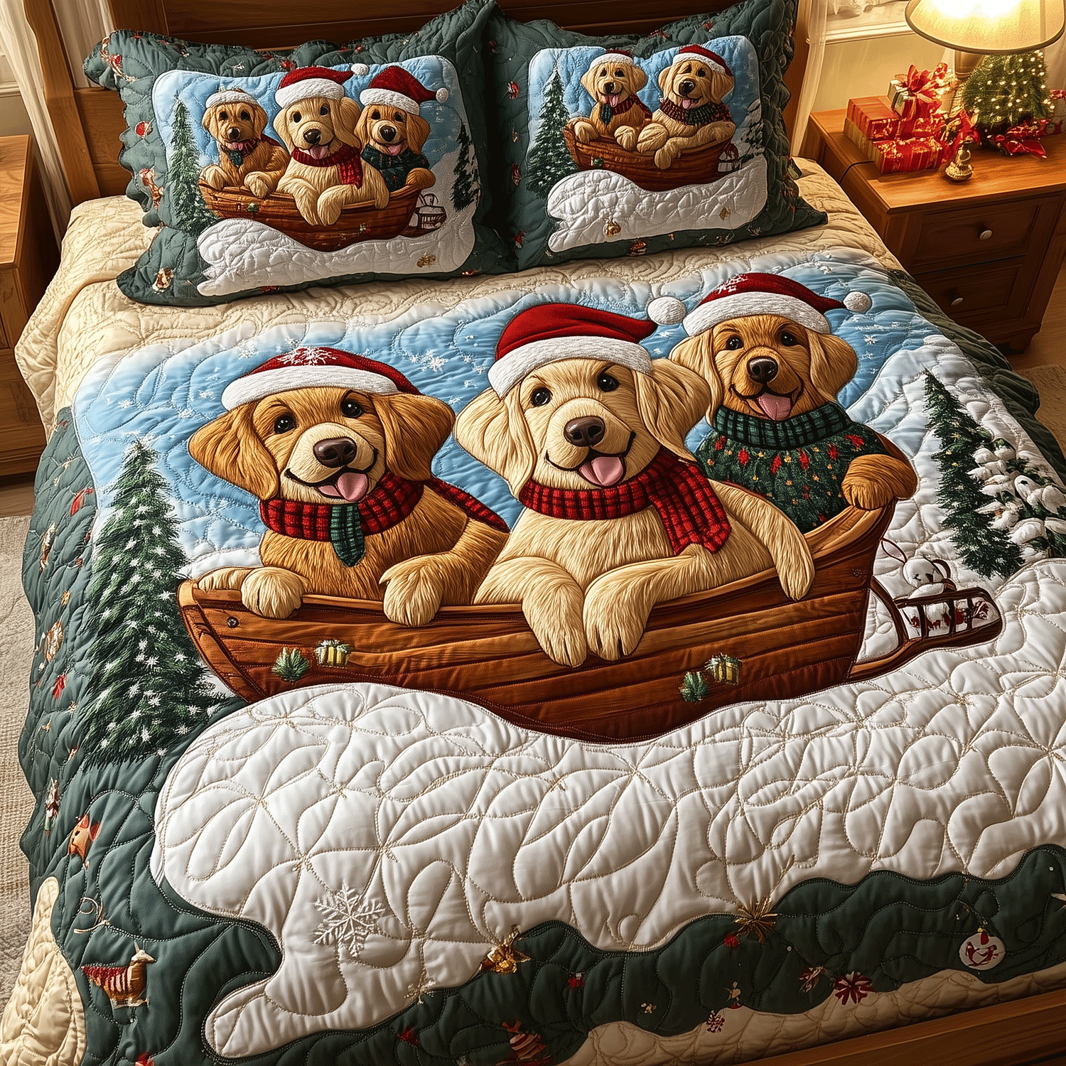 Golden Sleigh Adventure Quilted Bedding Set Golden Retriever Owner Gifts Golden Sleigh Adventure Quilted Bedding Set Golden Retriever Owner Gifts
