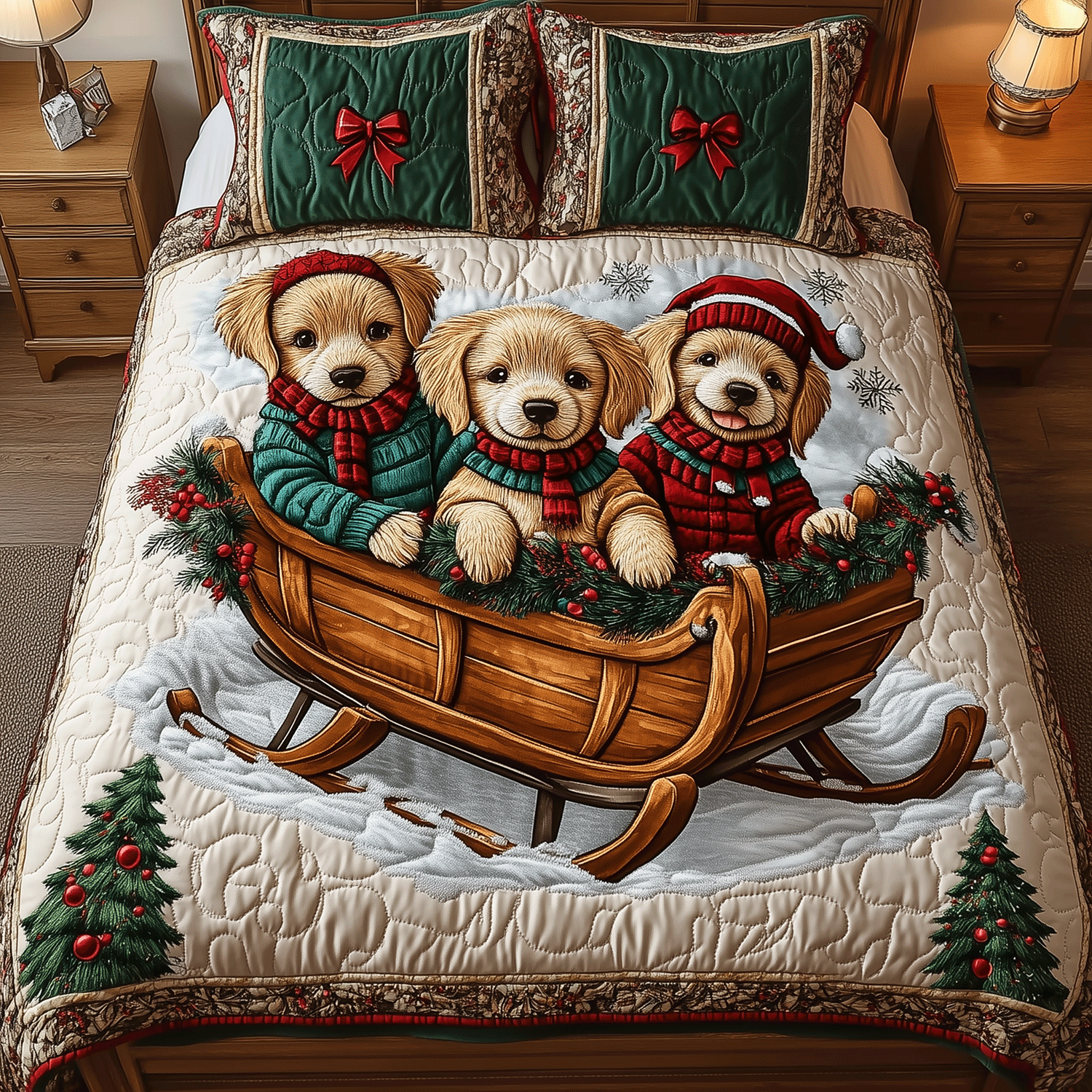 Golden Winter Bliss Quilted Bedding Set Perfect Gift For Dog Lovers Golden Winter Bliss Quilted Bedding Set Perfect Gift For Dog Lovers