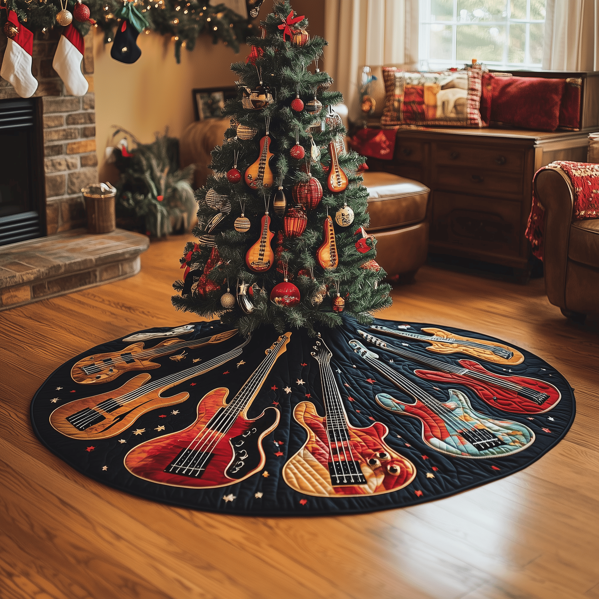 Guitar Bass Quilted Tree Skirt Celebrate the Joy of Christmas with Worry-Free Decor Guitar Bass Quilted Tree Skirt Celebrate the Joy of Christmas with Worry-Free Decor