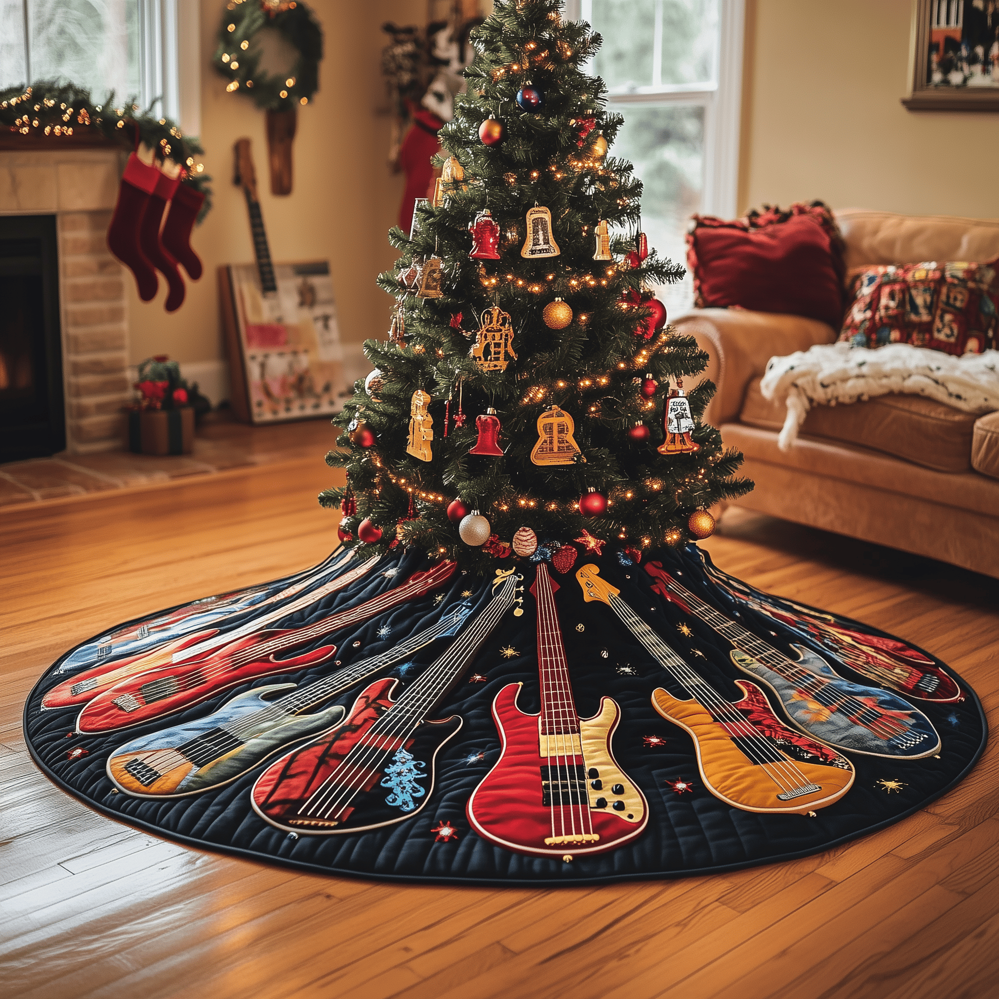 Guitar Bass Quilted Tree Skirt Relax and Enjoy the Holidays with Peaceful Tree Decor Guitar Bass Quilted Tree Skirt Relax and Enjoy the Holidays with Peaceful Tree Decor