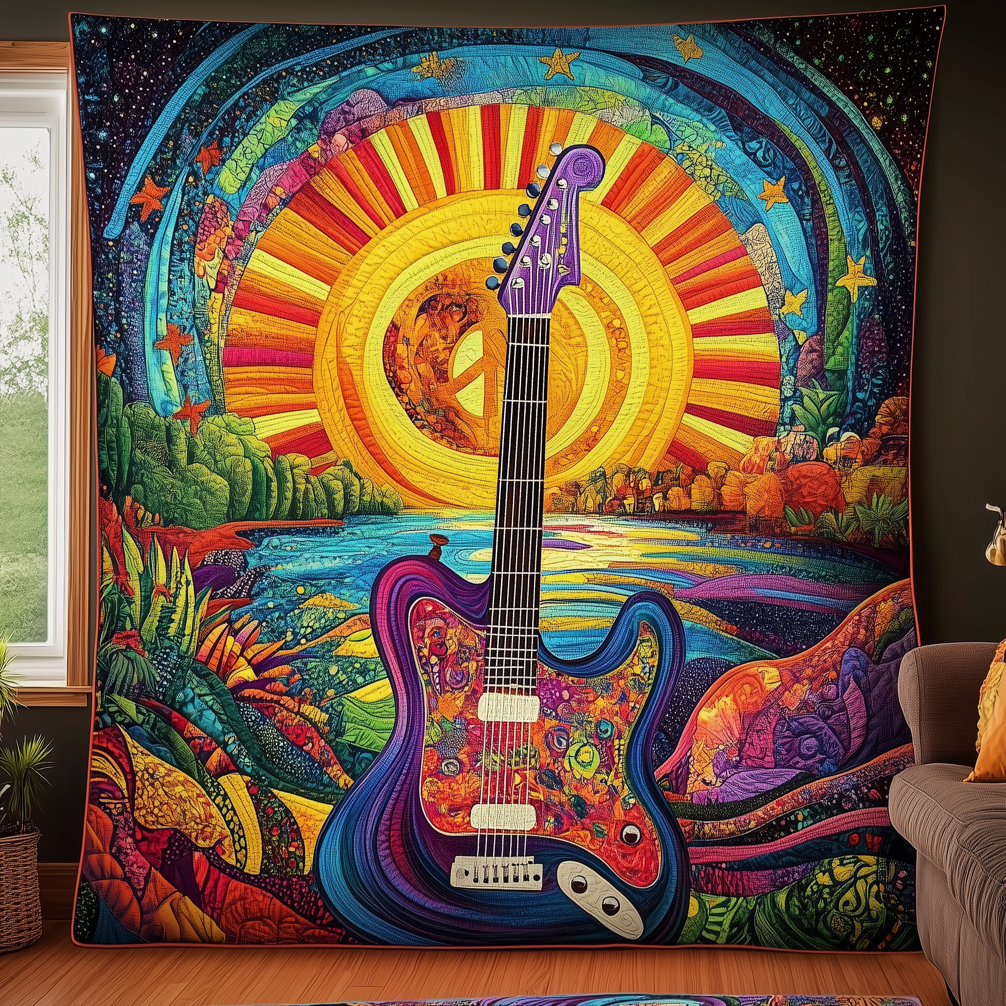 Guitar Peace Sign Quilted Blanket Feel the Bond of Home with Our Family-Friendly Blanket Guitar Peace Sign Quilted Blanket Feel the Bond of Home with Our Family-Friendly Blanket
