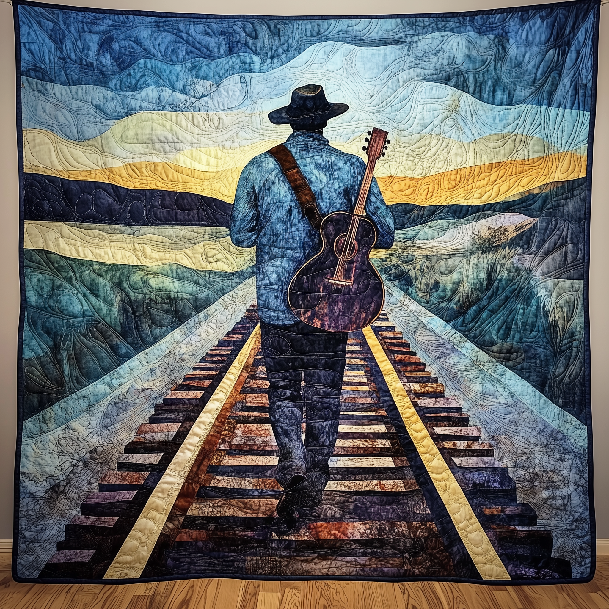 Guitarist Twilight Journey Quilted Blanket Feel the Elegance of a Blanket That's Truly Yours Guitarist Twilight Journey Quilted Blanket Feel the Elegance of a Blanket That's Truly Yours