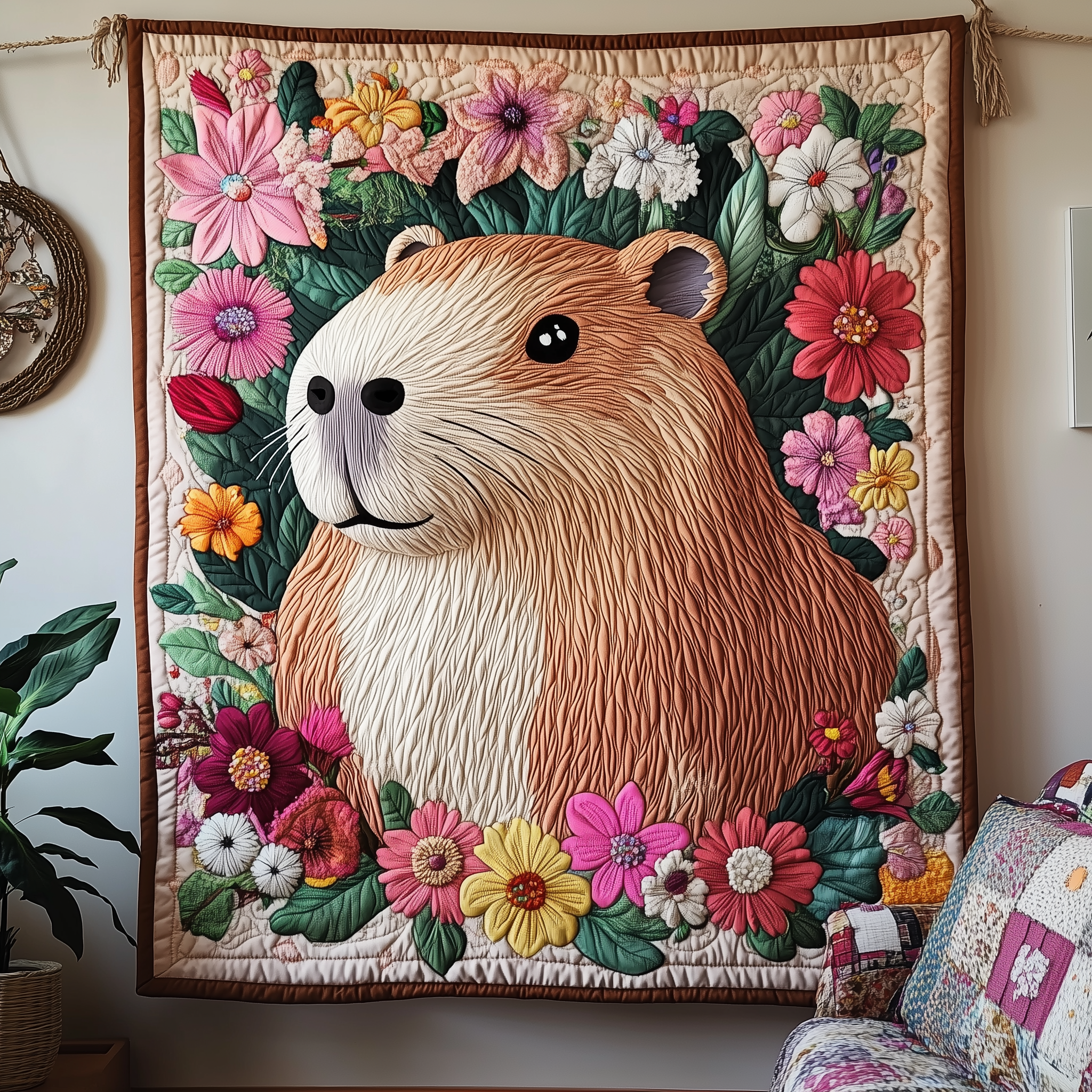 Happy Capybara Floral Quilted Blanket Throw Blankets For Couch Capybara Giraffe Gifts Happy Capybara Floral Quilted Blanket Throw Blankets For Couch Capybara Giraffe Gifts