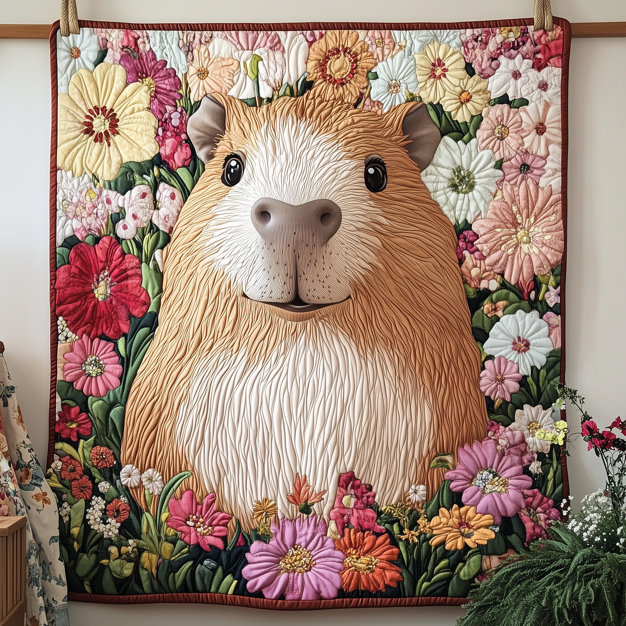 Happy Capybara Floral Quilted Blanket Throw Blankets For Couch Unique Gifts For Capybara Lovers Happy Capybara Floral Quilted Blanket Throw Blankets For Couch Unique Gifts For Capybara Lovers