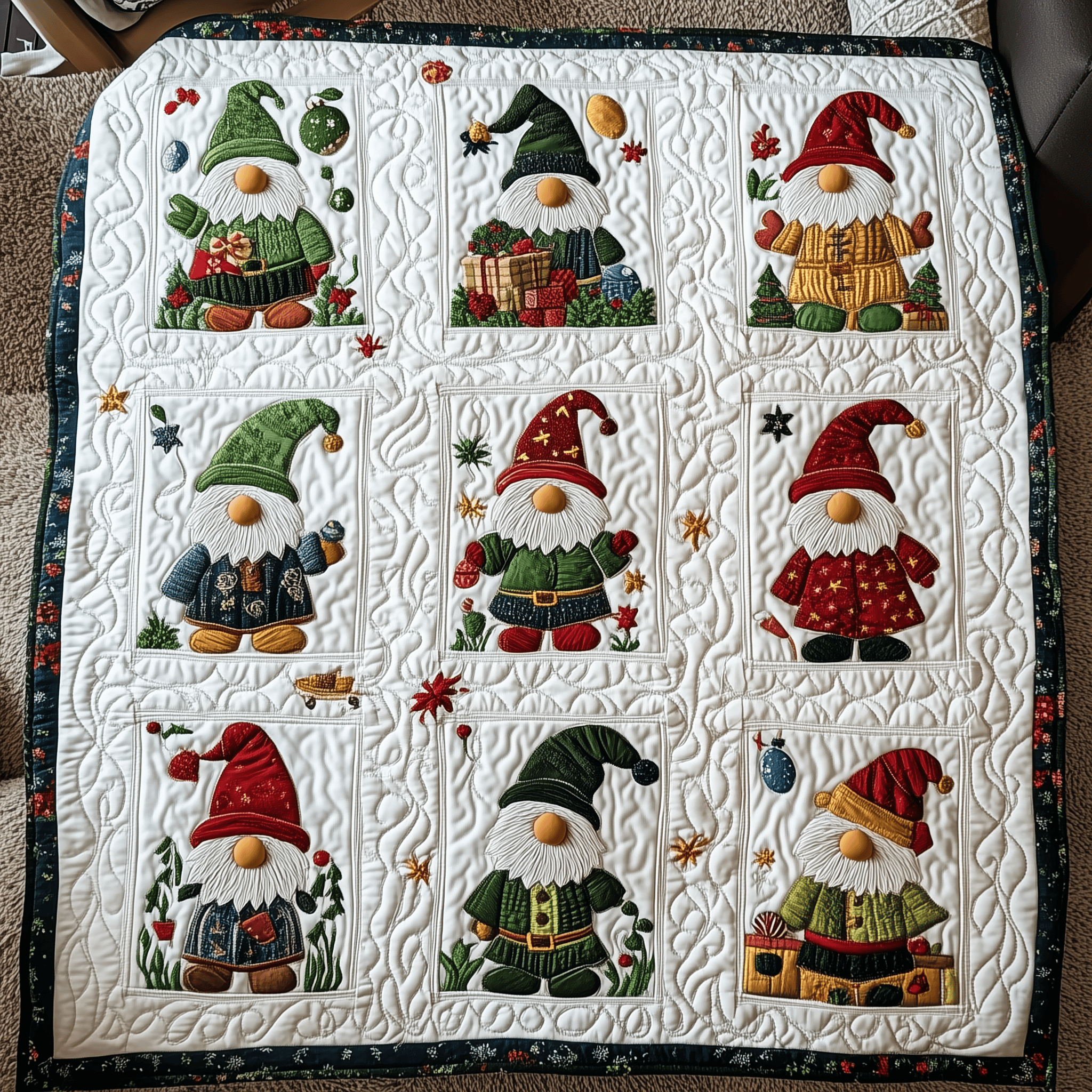 Happy Gnomes Quilted Blanket Feel the Bond of Home with Our Family-Friendly Blanket Happy Gnomes Quilted Blanket Feel the Bond of Home with Our Family-Friendly Blanket