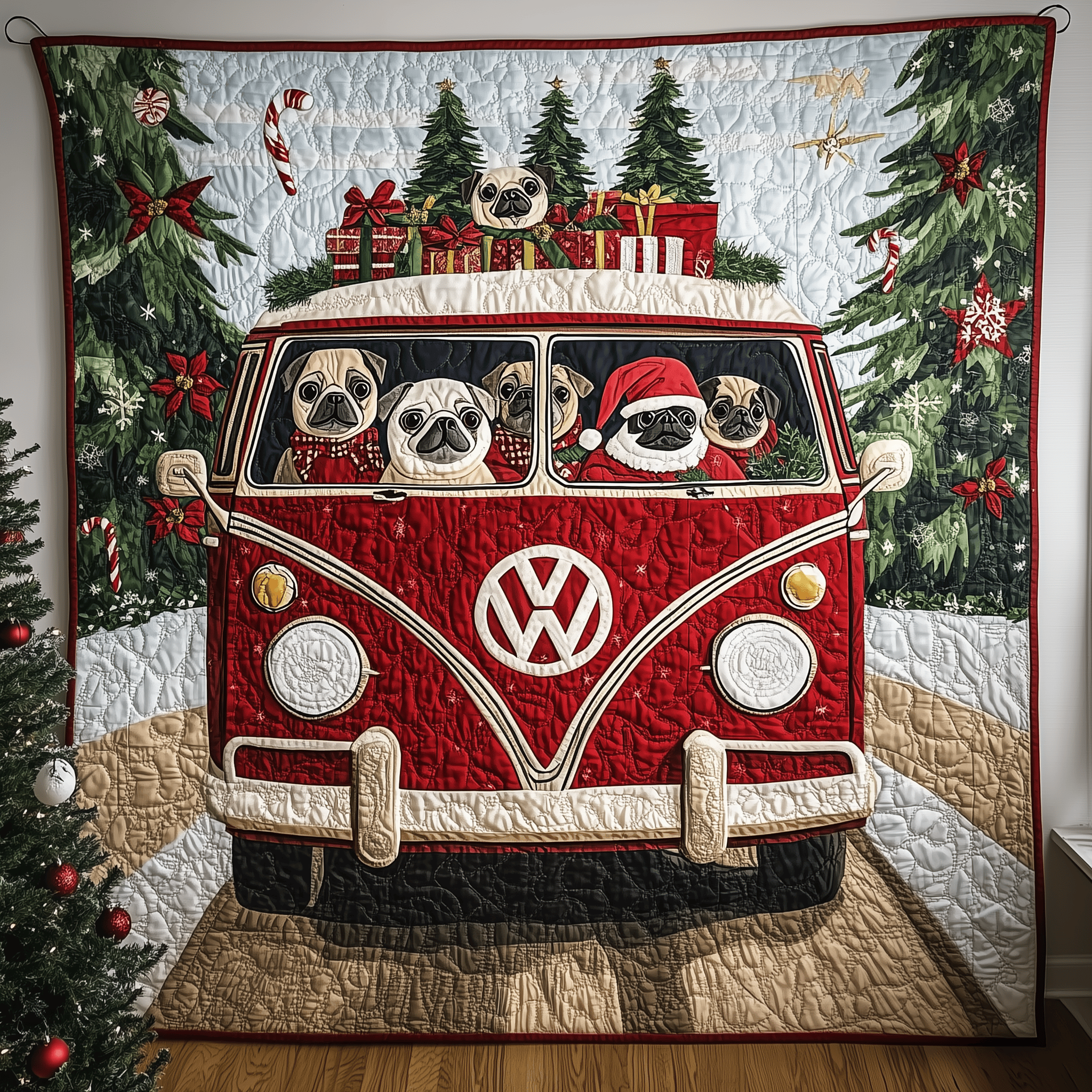 Happy Holiday Pugs Quilted Blanket Feel the Luxury of a Blanket That Stands Out Happy Holiday Pugs Quilted Blanket Feel the Luxury of a Blanket That Stands Out