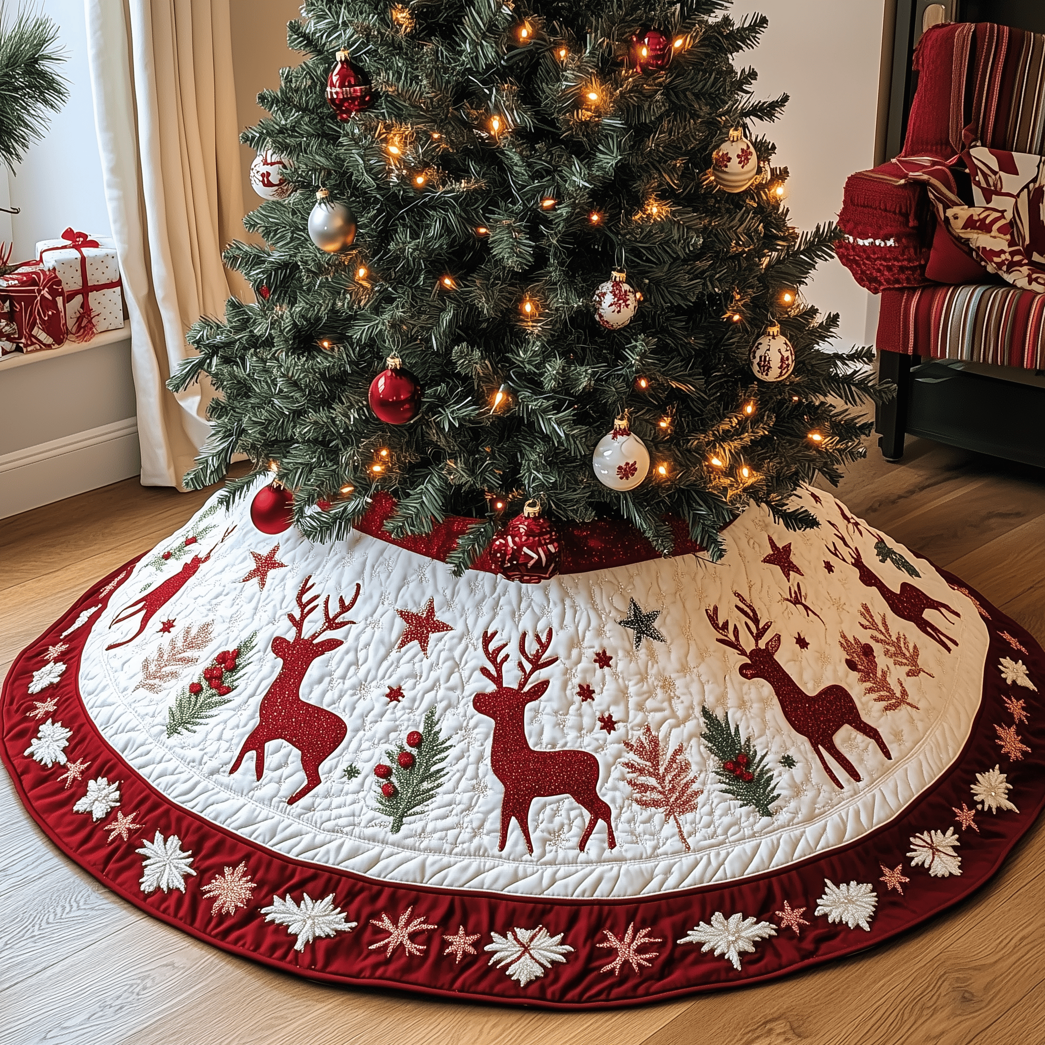 Holiday Reindeer Quilted Tree Skirt Celebrate Your Family's Traditions with Stylish Protection Holiday Reindeer Quilted Tree Skirt Celebrate Your Family's Traditions with Stylish Protection