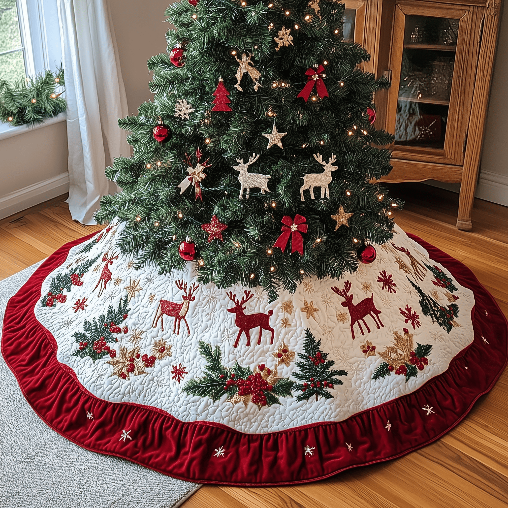 Holiday Reindeer Quilted Tree Skirt Feel the Calm of Christmas with Durable Tree Decor Holiday Reindeer Quilted Tree Skirt Feel the Calm of Christmas with Durable Tree Decor