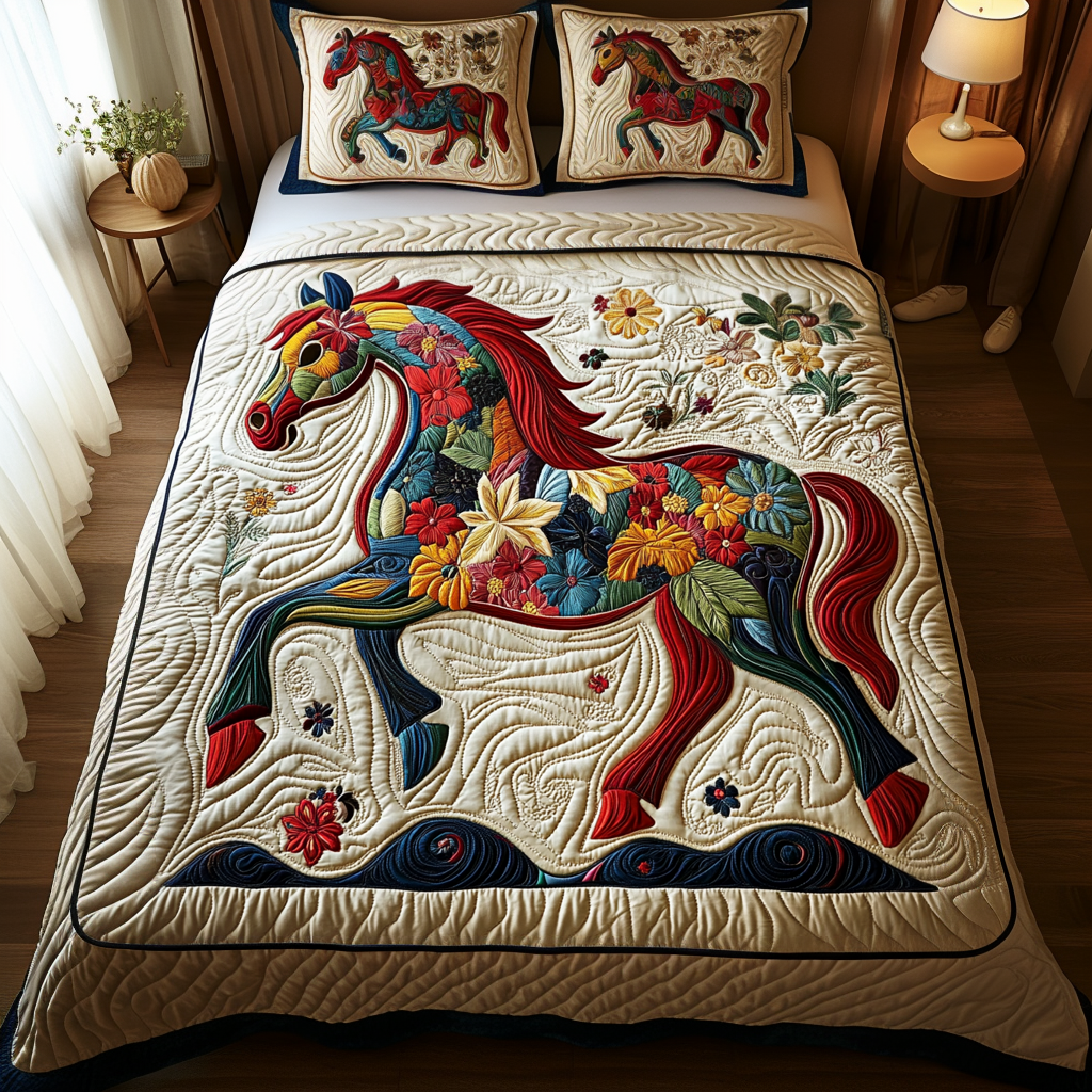 Horse Blooms Quilted Bedding Set Christmas Gift Idea Horse Blooms Quilted Bedding Set Christmas Gift Idea