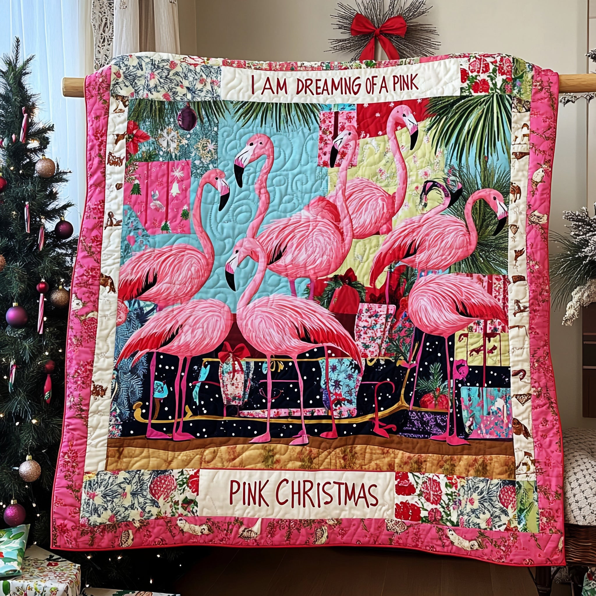 I'm Dreaming Of A Pink Christmas Flamingo Quilted Blanket Feel Comfortable Indoors and Out with Our Multi-Use Blanket I'm Dreaming Of A Pink Christmas Flamingo Quilted Blanket Feel Comfortable Indoors and Out with Our Multi-Use Blanket