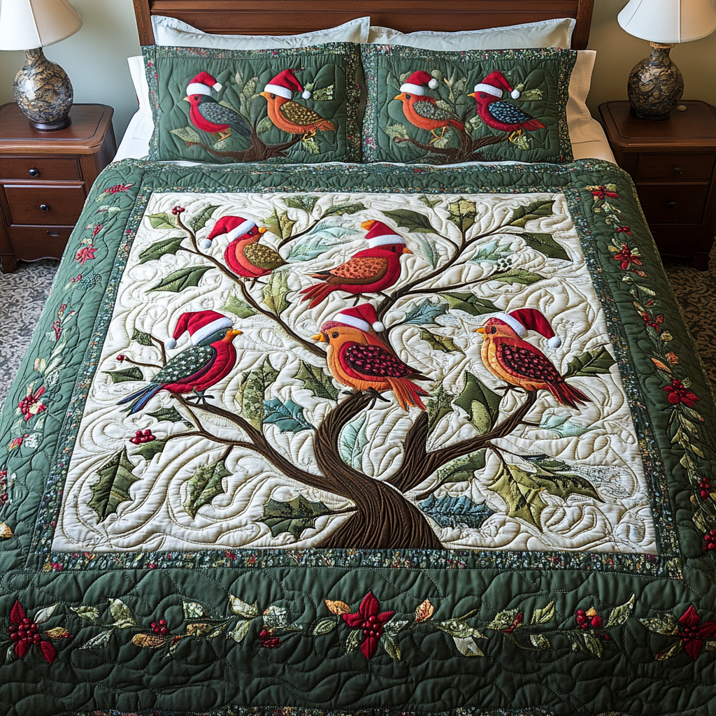 Jingle Birds Quilted Bedding Set Gift For Bird Lover Jingle Birds Quilted Bedding Set Gift For Bird Lover