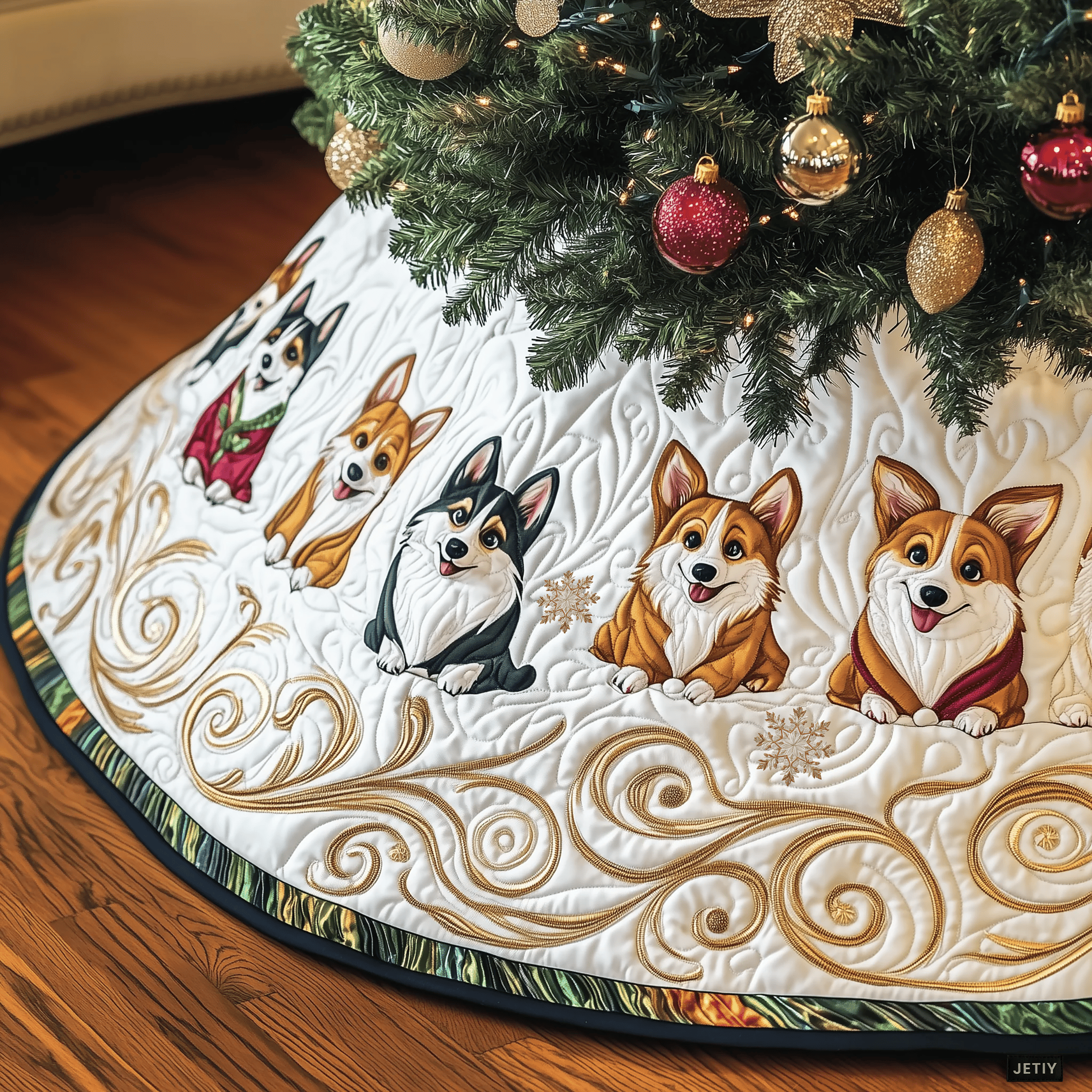 Joyful Christmas Corgi Quilted Tree Skirt Add Magic to Your Holidays with Safe Tree Decor Joyful Christmas Corgi Quilted Tree Skirt Add Magic to Your Holidays with Safe Tree Decor