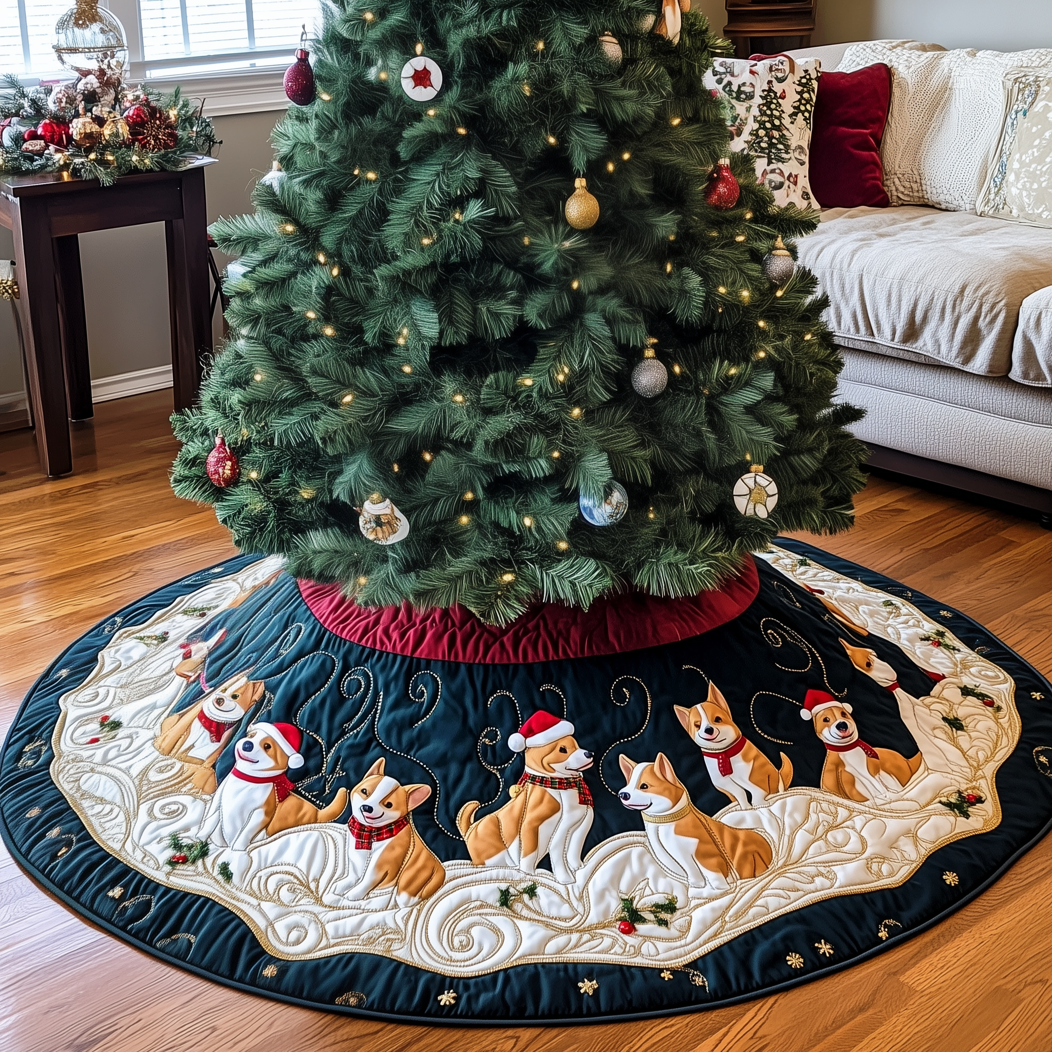 Joyful Christmas Corgi Quilted Tree Skirt Celebrate Without Worry Choose a Secure Tree Skirt Joyful Christmas Corgi Quilted Tree Skirt Celebrate Without Worry Choose a Secure Tree Skirt