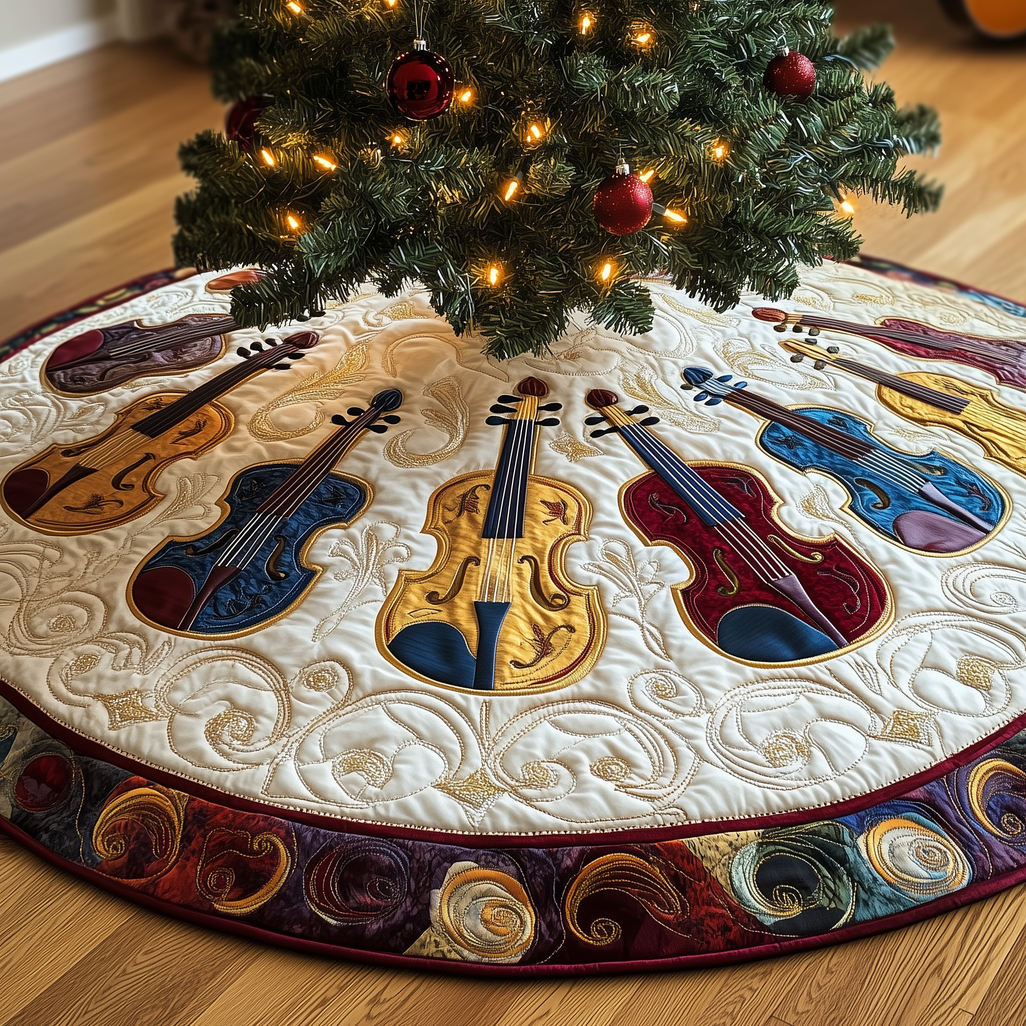 Joyful Violin Quilted Tree Skirt Feel the Love of the Season Under Your Christmas Tree Joyful Violin Quilted Tree Skirt Feel the Love of the Season Under Your Christmas Tree