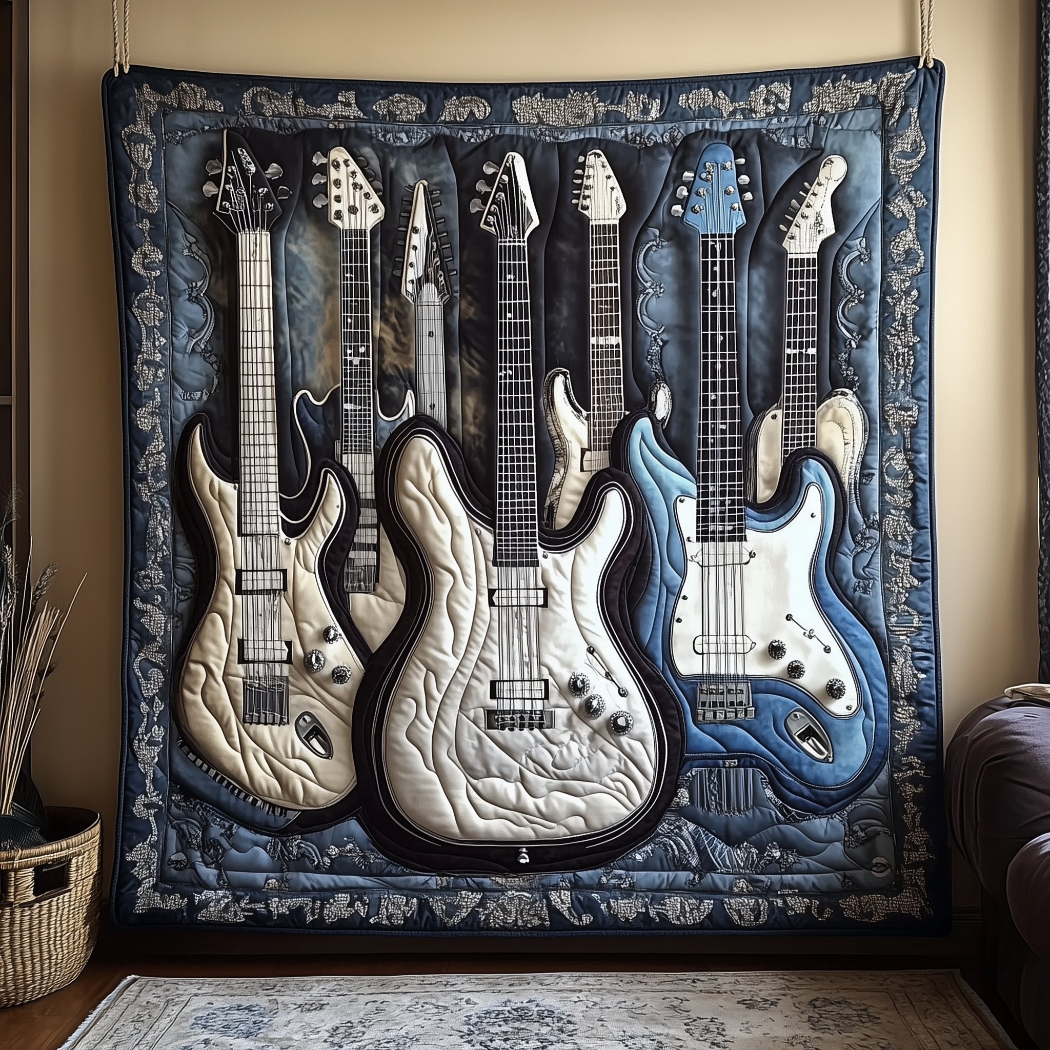 Melodic Strings Guitar Quilted Blanket Best Throw Blanket Guitar Themed Gifts For Boyfriend Melodic Strings Guitar Quilted Blanket Best Throw Blanket Guitar Themed Gifts For Boyfriend