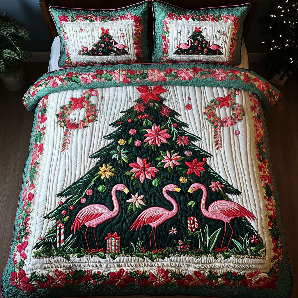 Merry Flamingos Tree Quilted Bedding Set Flamingo Christmas Gifts Merry Flamingos Tree Quilted Bedding Set Flamingo Christmas Gifts