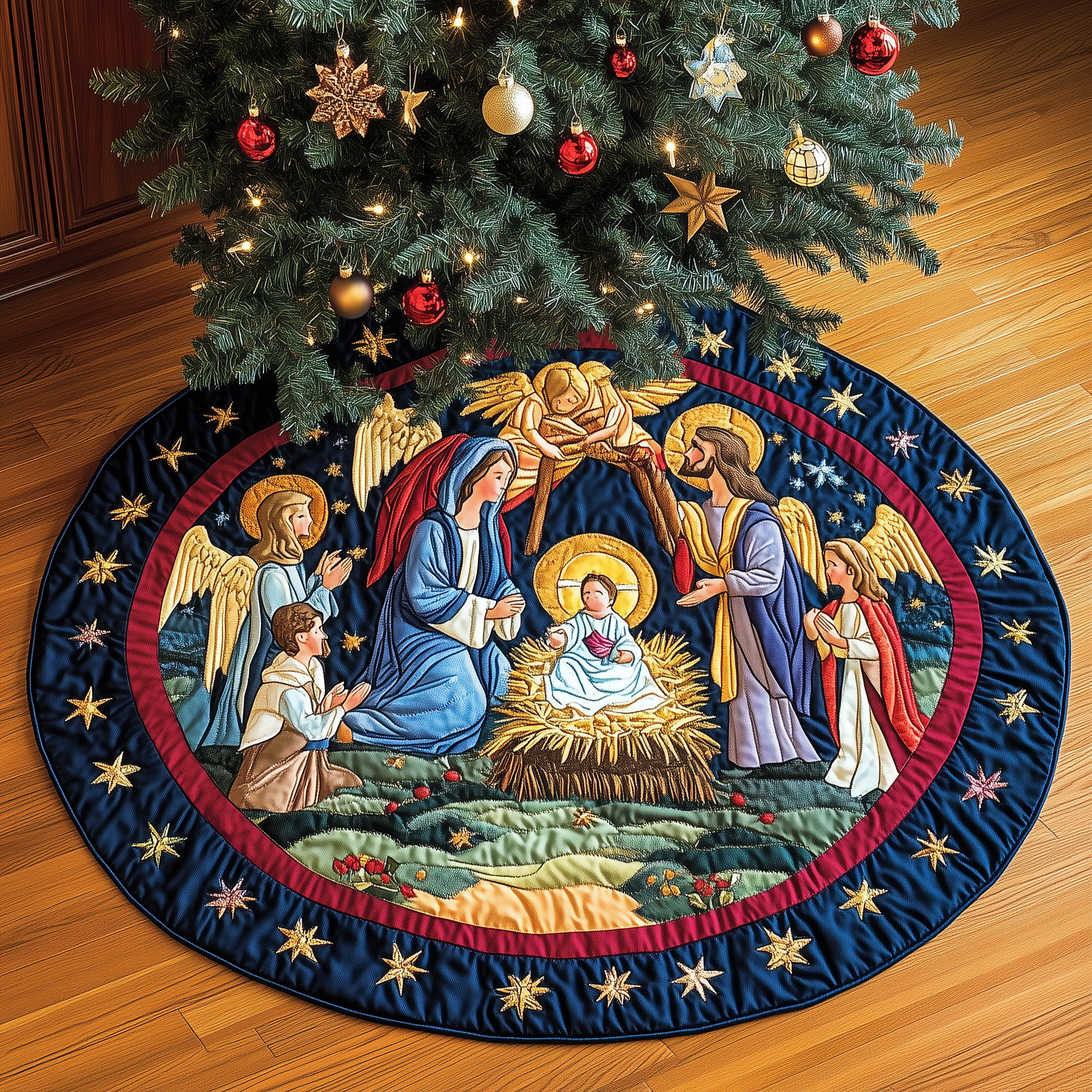 Nativity Blessing Quilted Tree Skirt A Safe and Stylish Tree Skirt for Your Family's Happiness Nativity Blessing Quilted Tree Skirt A Safe and Stylish Tree Skirt for Your Family's Happiness