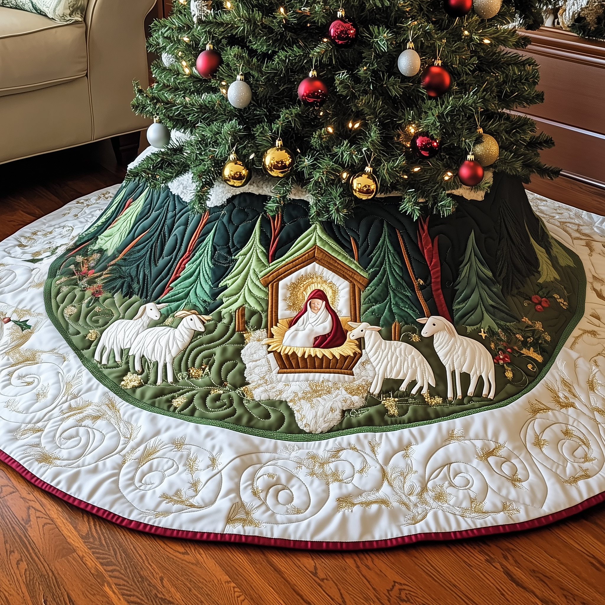 Nativity Scene Quilted Tree Skirt Feel the Holiday Spirit with a Safe and Chic Tree Skirt Nativity Scene Quilted Tree Skirt Feel the Holiday Spirit with a Safe and Chic Tree Skirt