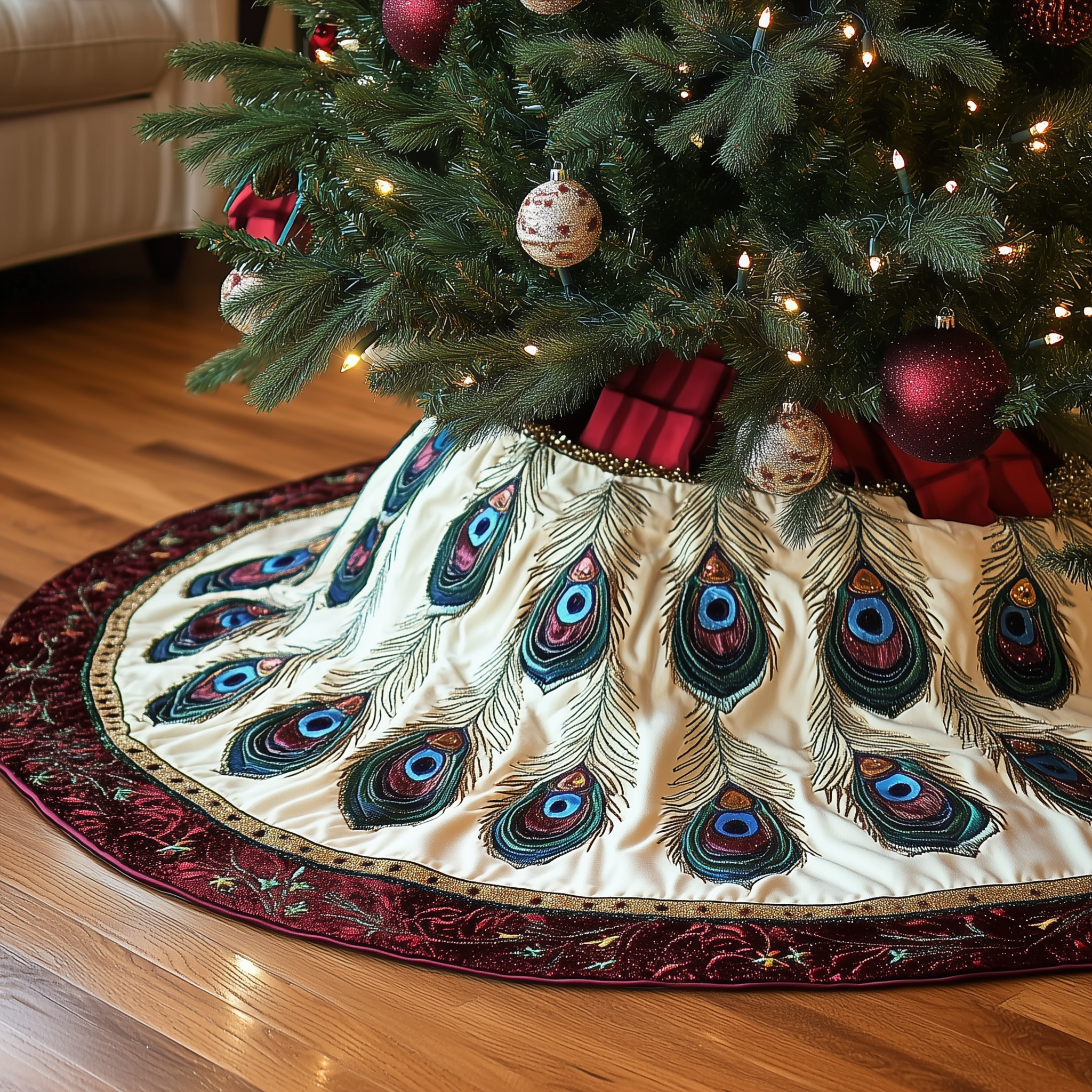 Peacock Feather Quilted Tree Skirt Celebrate Without Limits with a Durable Tree Skirt Peacock Feather Quilted Tree Skirt Celebrate Without Limits with a Durable Tree Skirt