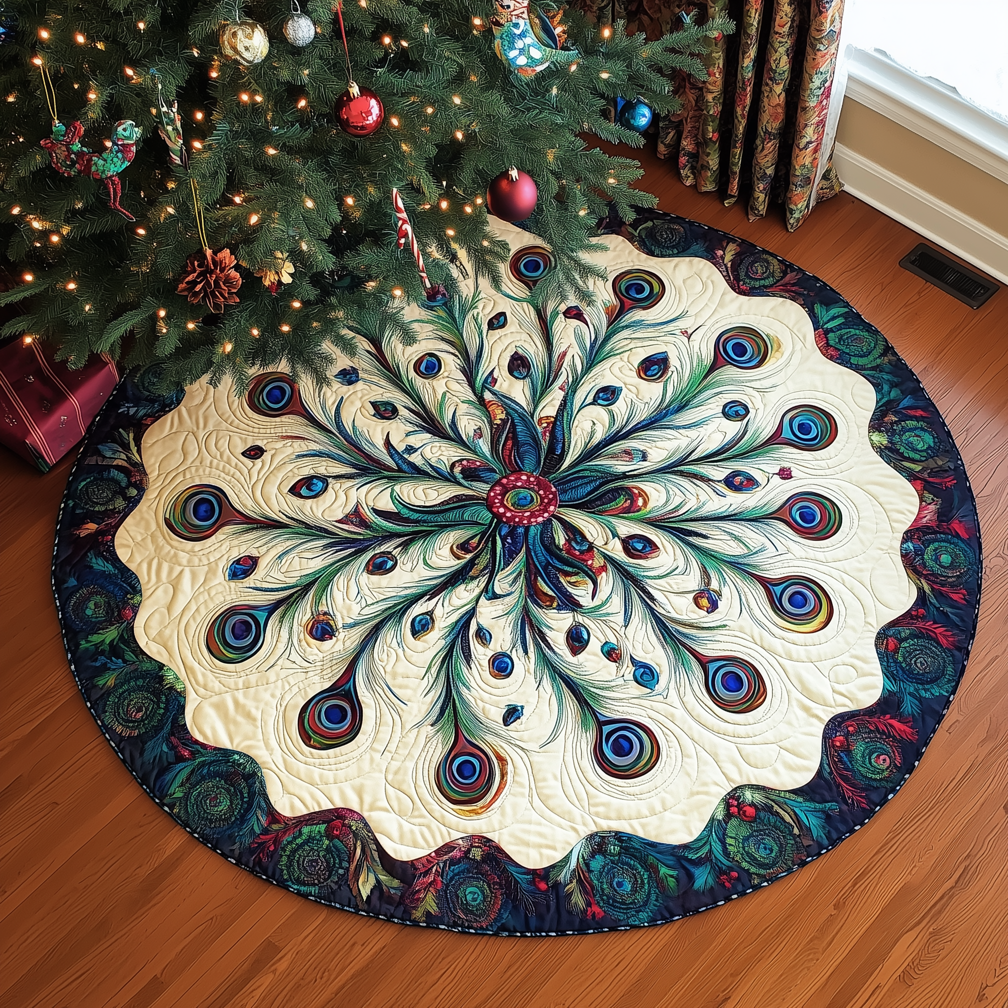 Peacock Quilted Tree Skirt Feel the Energy of the Holidays with a Durable Skirt Peacock Quilted Tree Skirt Feel the Energy of the Holidays with a Durable Skirt