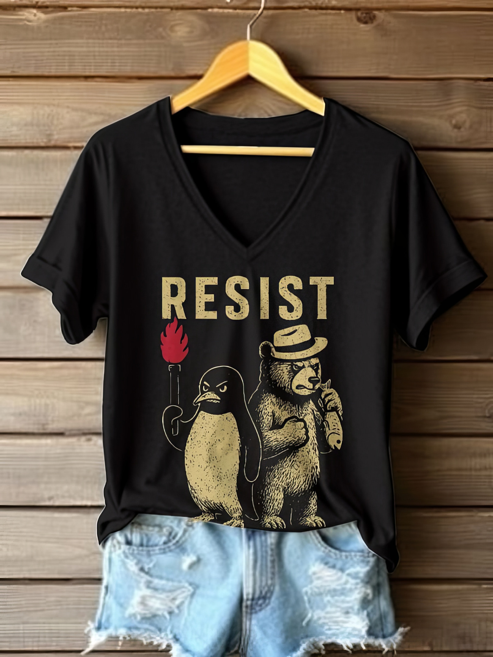 Penguin And Bear Resist Tariff V-neck T-Shirt Flippers Up Tees Gifts For Sister In Law Penguin And Bear Resist Tariff V-neck T-Shirt Flippers Up Tees Gifts For Sister In Law