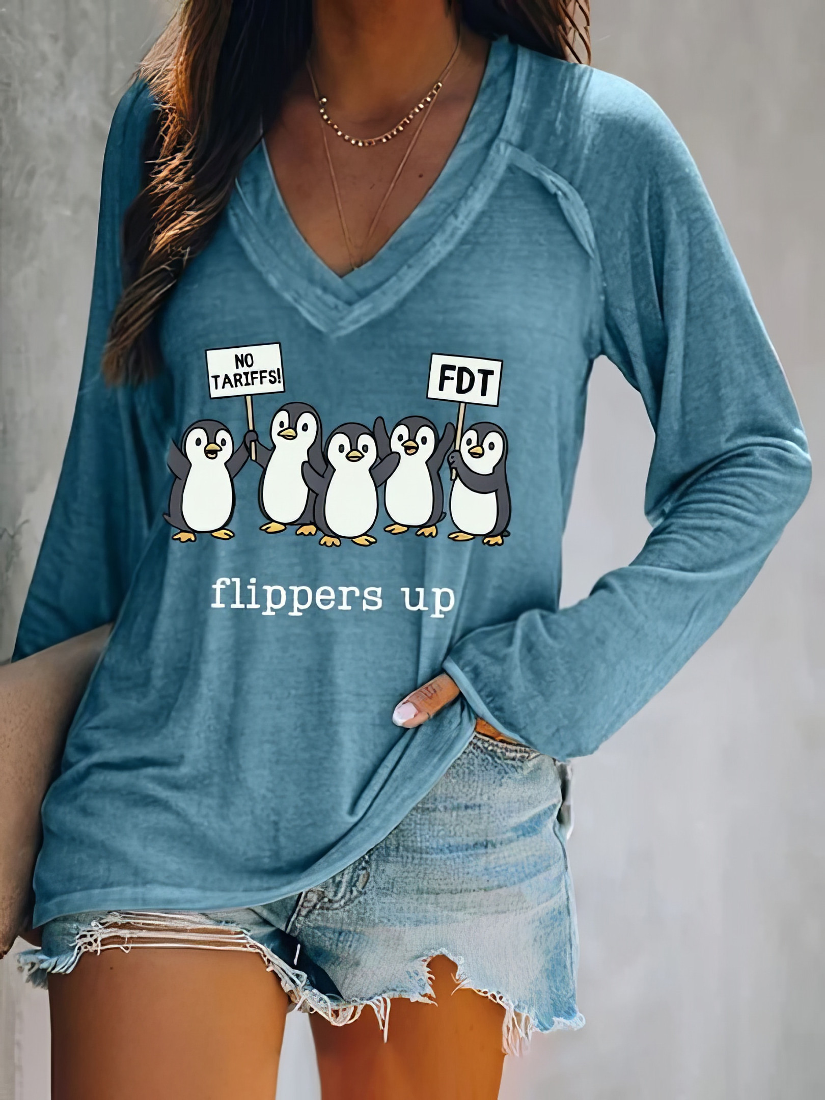 Penguins Flippers Up Long Sleeve V-neck Shirt For Women Funny Penguins FDT Merch Gifts For Mom Penguins Flippers Up Long Sleeve V-neck Shirt For Women Funny Penguins FDT Merch Gifts For Mom