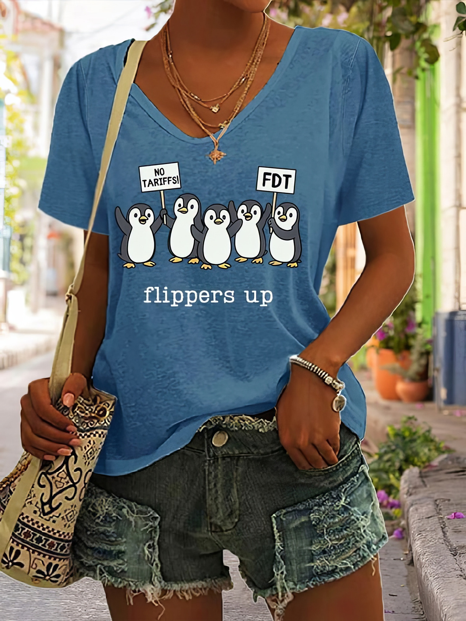 Penguins Flippers Up V-neck Shirt For Women Funny Penguins FDT Merch Gifts For Mom Penguins Flippers Up V-neck Shirt For Women Funny Penguins FDT Merch Gifts For Mom
