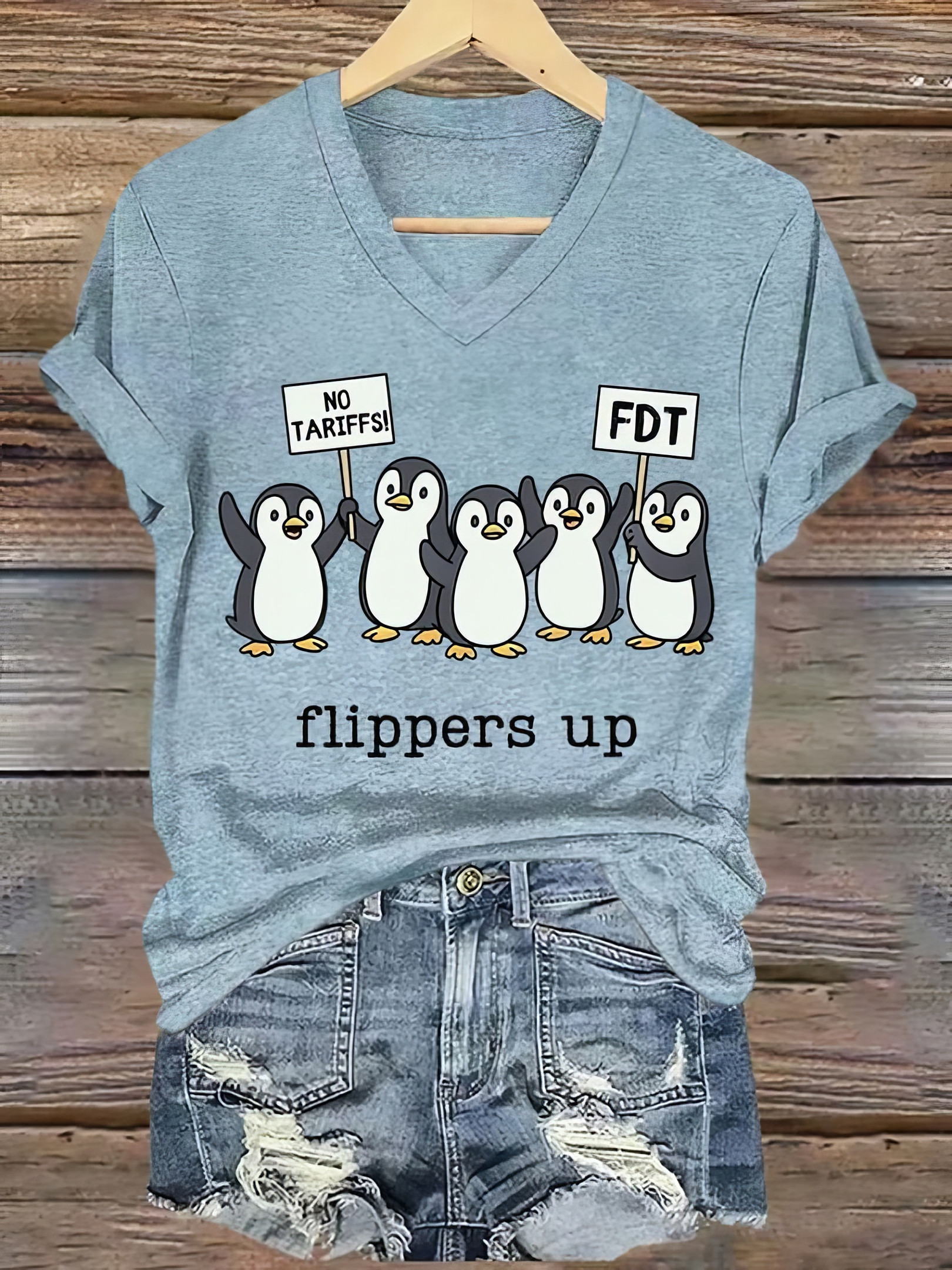 Penguins Flippers Up V-neck Shirt For Women Funny Penguins FDT Merch Gifts For Mom Penguins Flippers Up V-neck Shirt For Women Funny Penguins FDT Merch Gifts For Mom