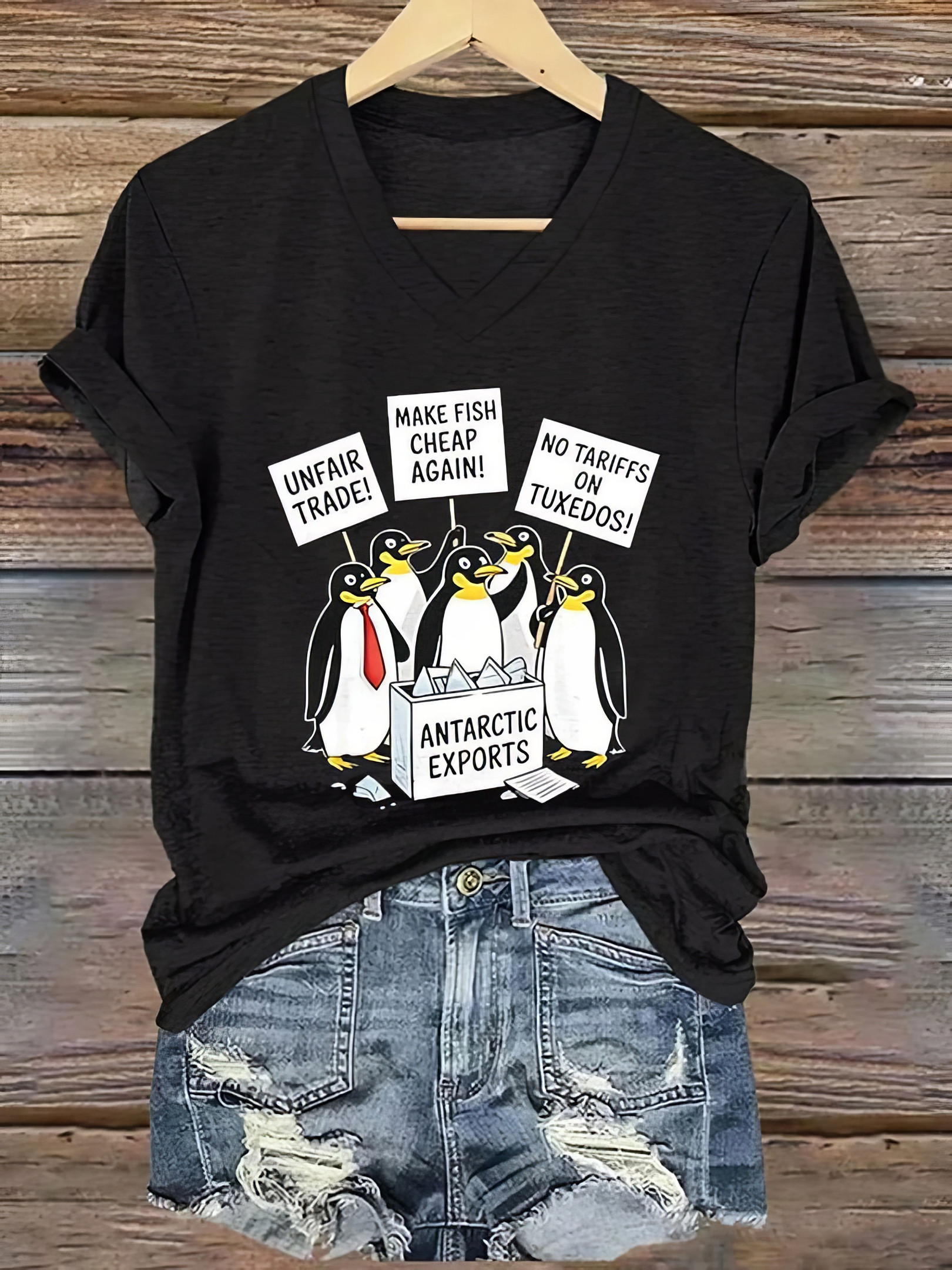 Penguins No Tariff V-neck T-Shirt For Women's Flippers Up Shirt Gifts For Wife Penguins No Tariff V-neck T-Shirt For Women's Flippers Up Shirt Gifts For Wife