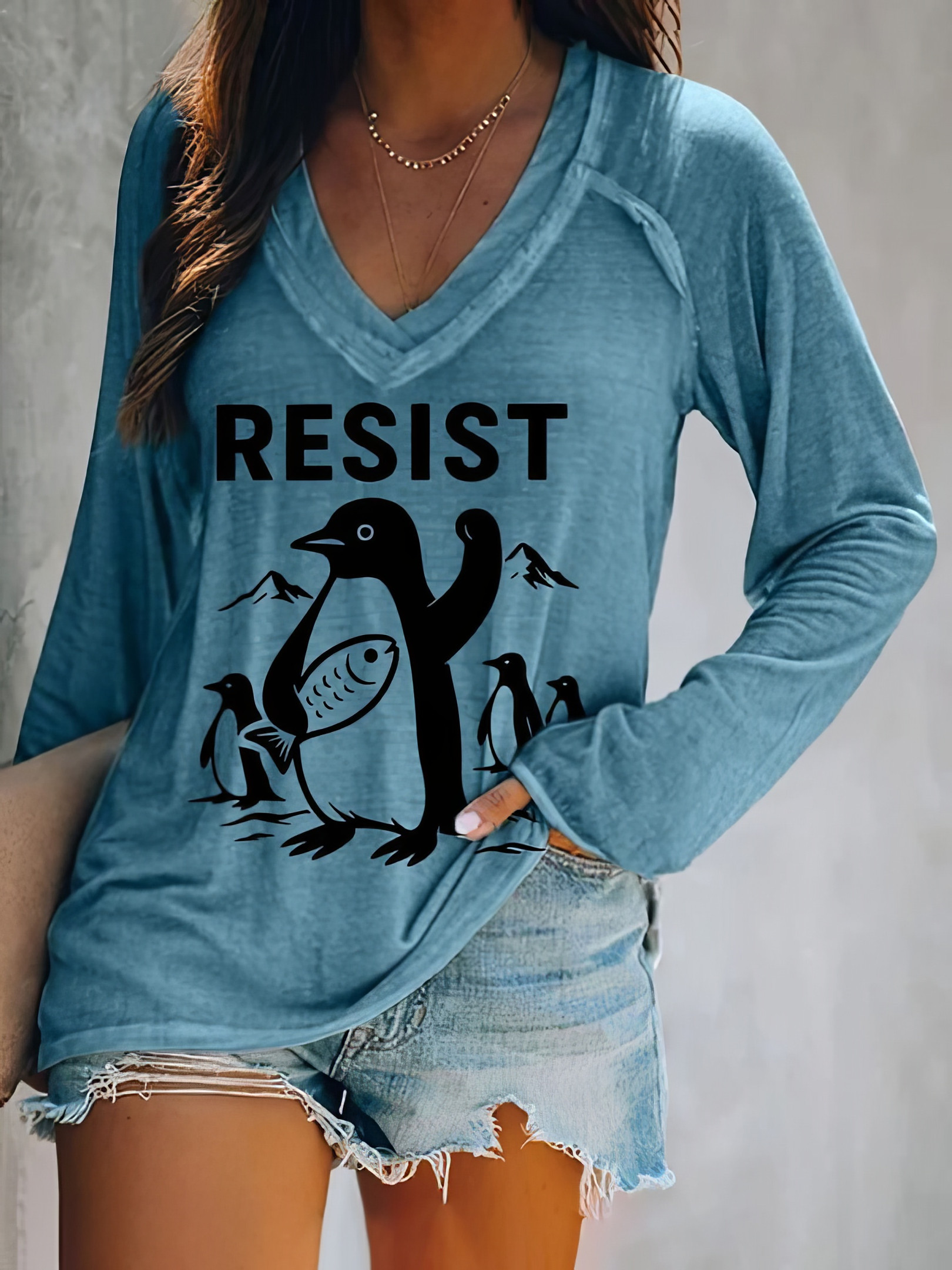 Penguins Resist Long Sleeve V-neck Shirt For Women Funny Penguin Clothing Gifts For Wife Penguins Resist Long Sleeve V-neck Shirt For Women Funny Penguin Clothing Gifts For Wife