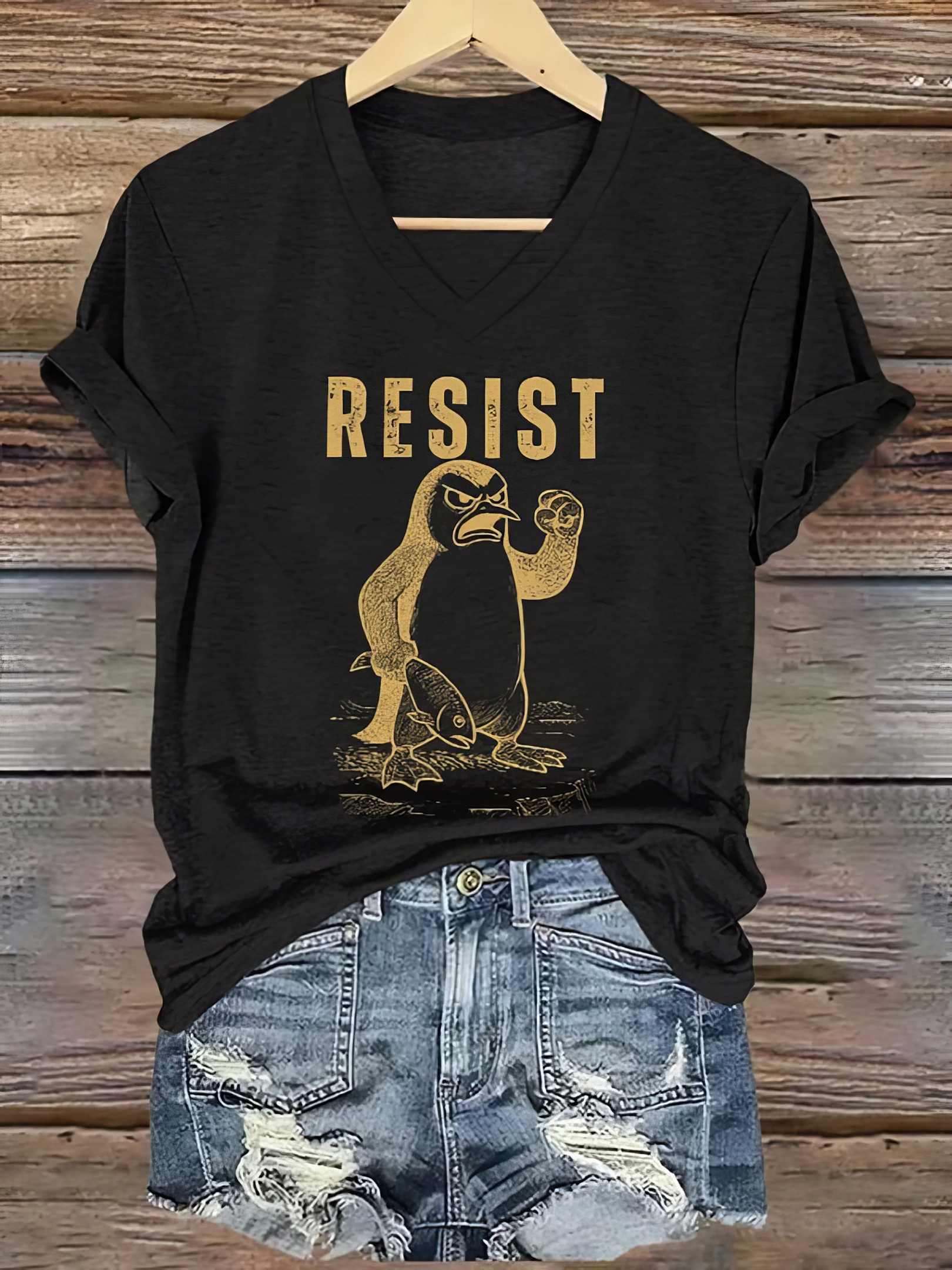 Penguins Resist V-neck Shirt For Women's Funny Penguins Protest Merch Penguins Resist V-neck Shirt For Women's Funny Penguins Protest Merch