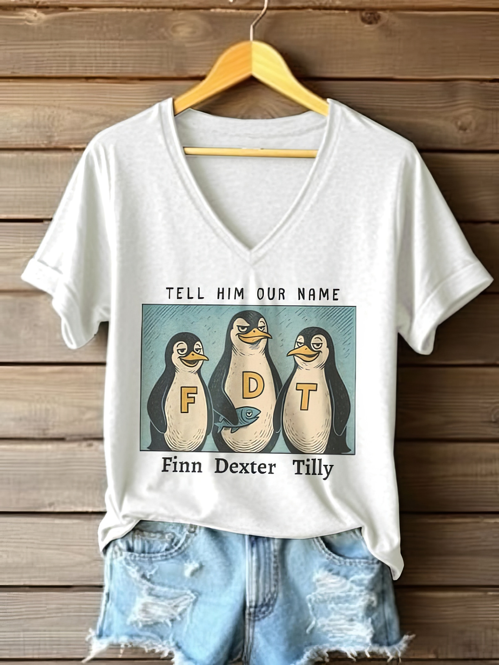 Penguins Tell Him Our Name Finn Dexter Tilly V-neck T-Shirt For Women's FDT Gifts Penguins Tell Him Our Name Finn Dexter Tilly V-neck T-Shirt For Women's FDT Gifts