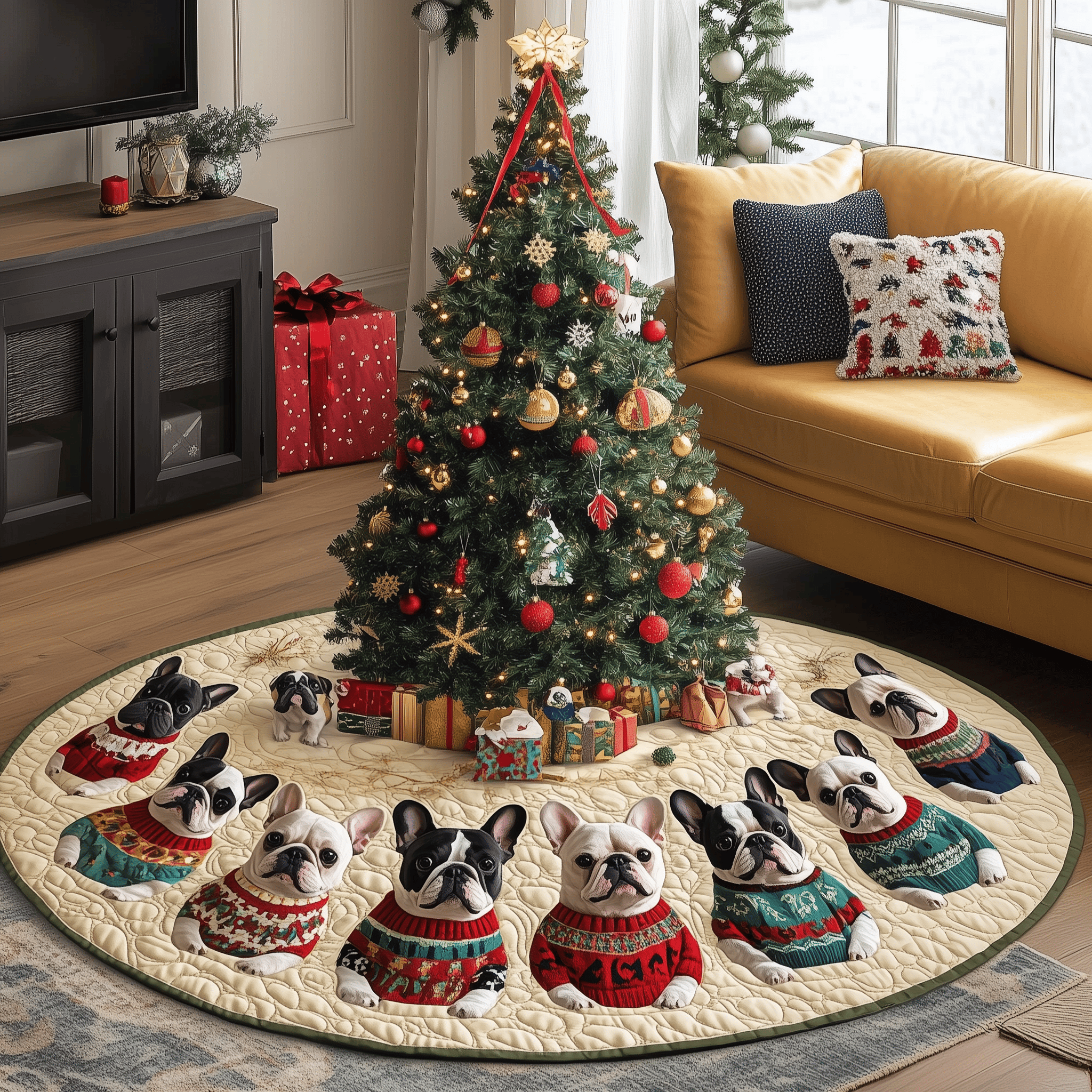 Playful French Bulldog Christmas Quilted Tree Skirt Feel the Holiday Spirit with a Safe and Chic Tree Skirt Playful French Bulldog Christmas Quilted Tree Skirt Feel the Holiday Spirit with a Safe and Chic Tree Skirt