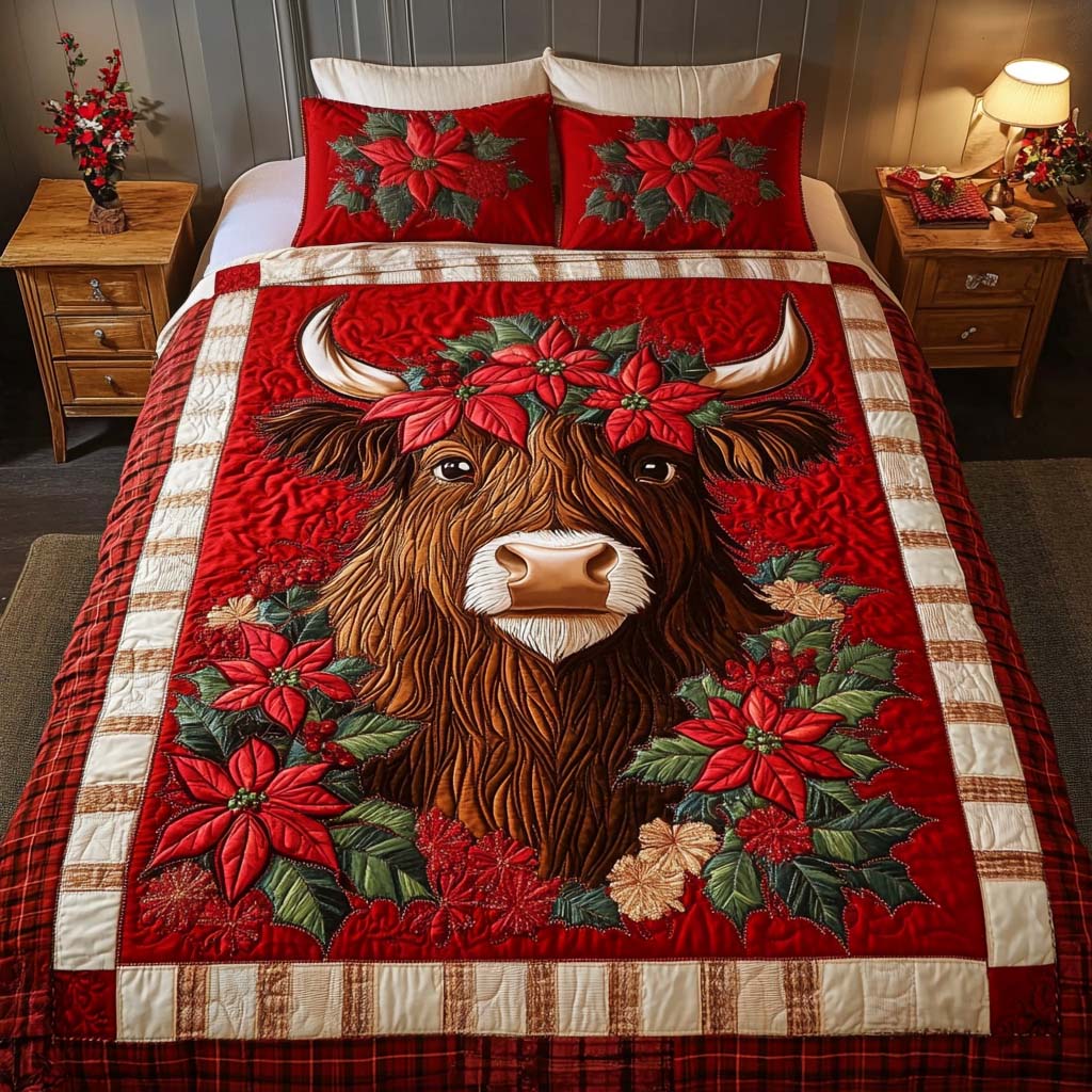 Poinsettia Bliss Quilted Bedding Set Cowboy Christmas Gift Poinsettia Bliss Quilted Bedding Set Cowboy Christmas Gift