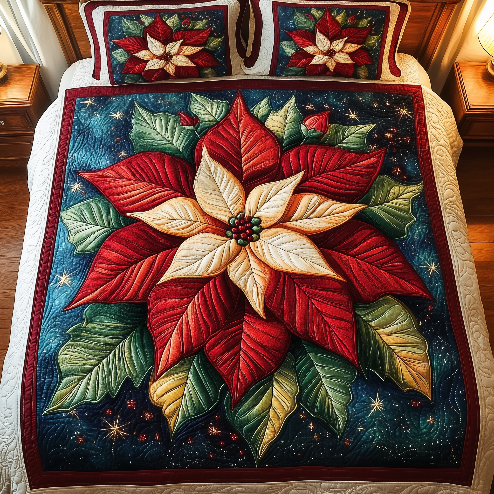 Poinsettia Dreams Quilted Bedding Set Christmas Throw Blanket Poinsettia Dreams Quilted Bedding Set Christmas Throw Blanket