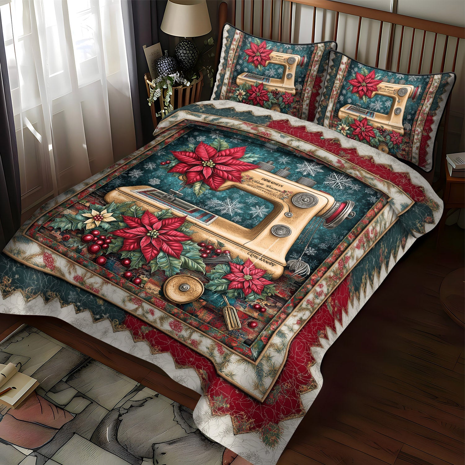 Poinsettia Stitch Delight Quilted Bedding Set Gift Ideas For Sewing Lovers Poinsettia Stitch Delight Quilted Bedding Set Gift Ideas For Sewing Lovers